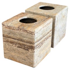 Pair Travertine Tissue Box Covers Minimalist Contemporary Modern Carved Stone