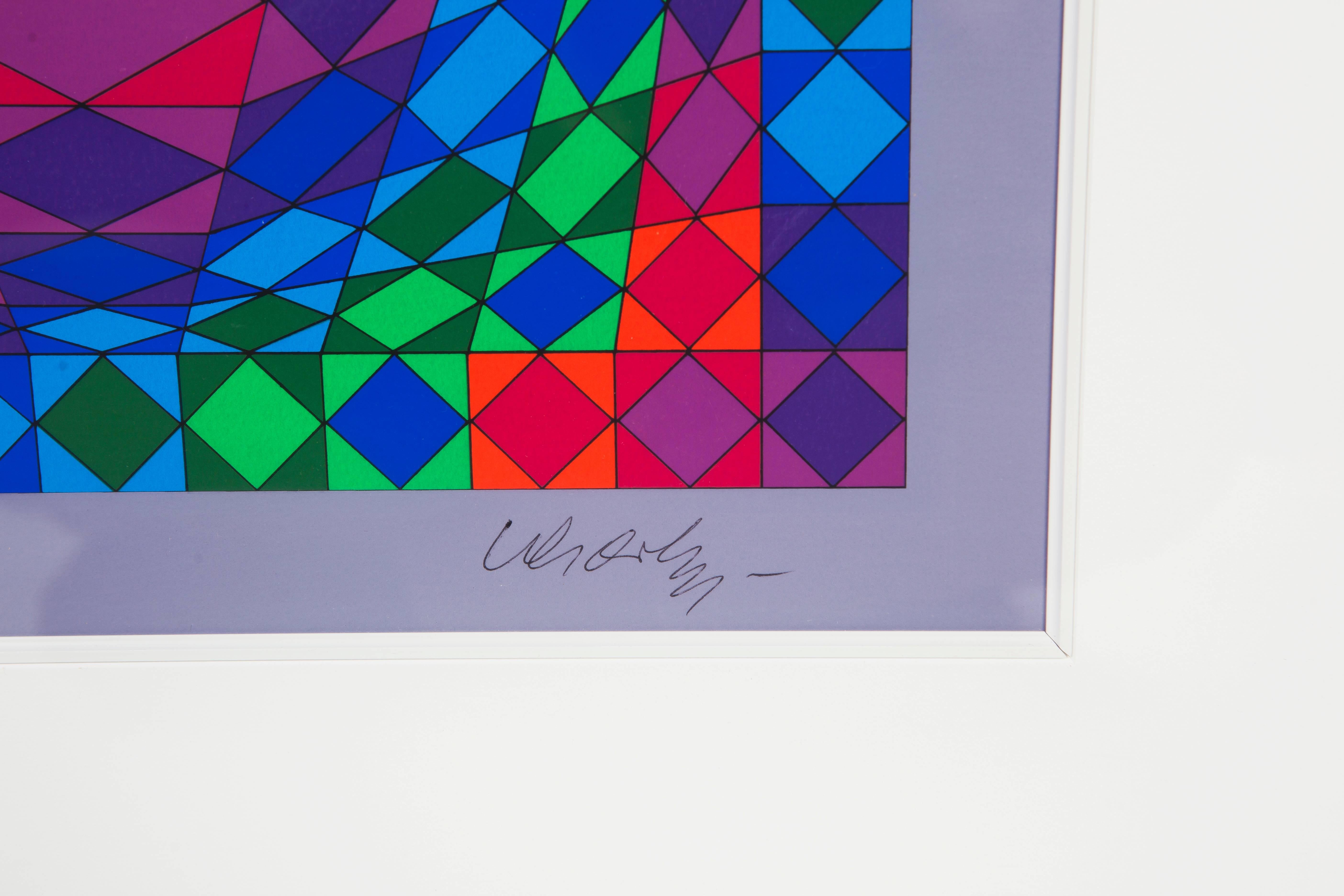 Beautiful signed and numbered (32 of 100) geometric serigraph by Victor Vasarely.
The image size is: 25.5 x 25.5 / framed size: 37.25 x 37.25.