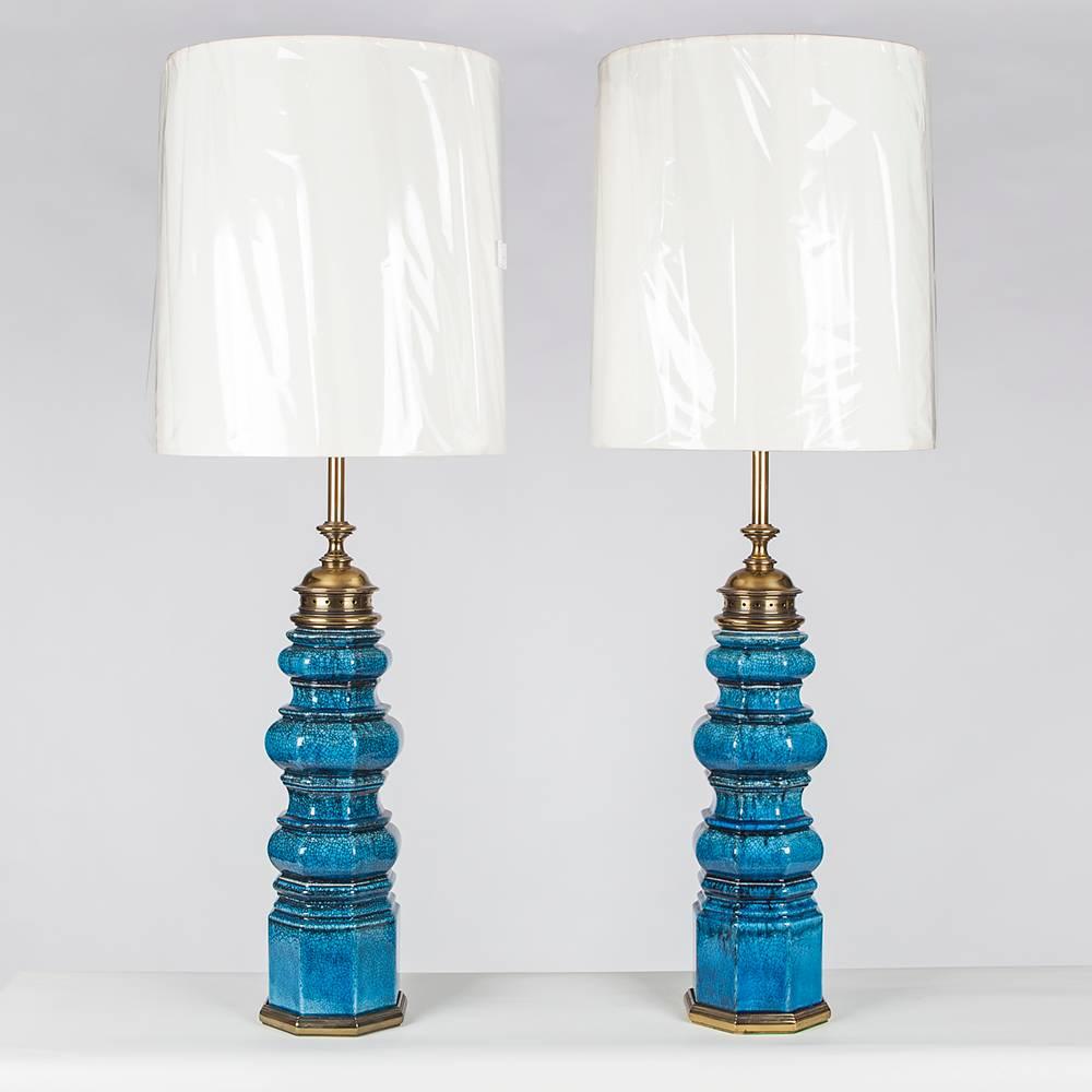 American Pair of Monumental Ceramic and Brass Lamps by Stiffel