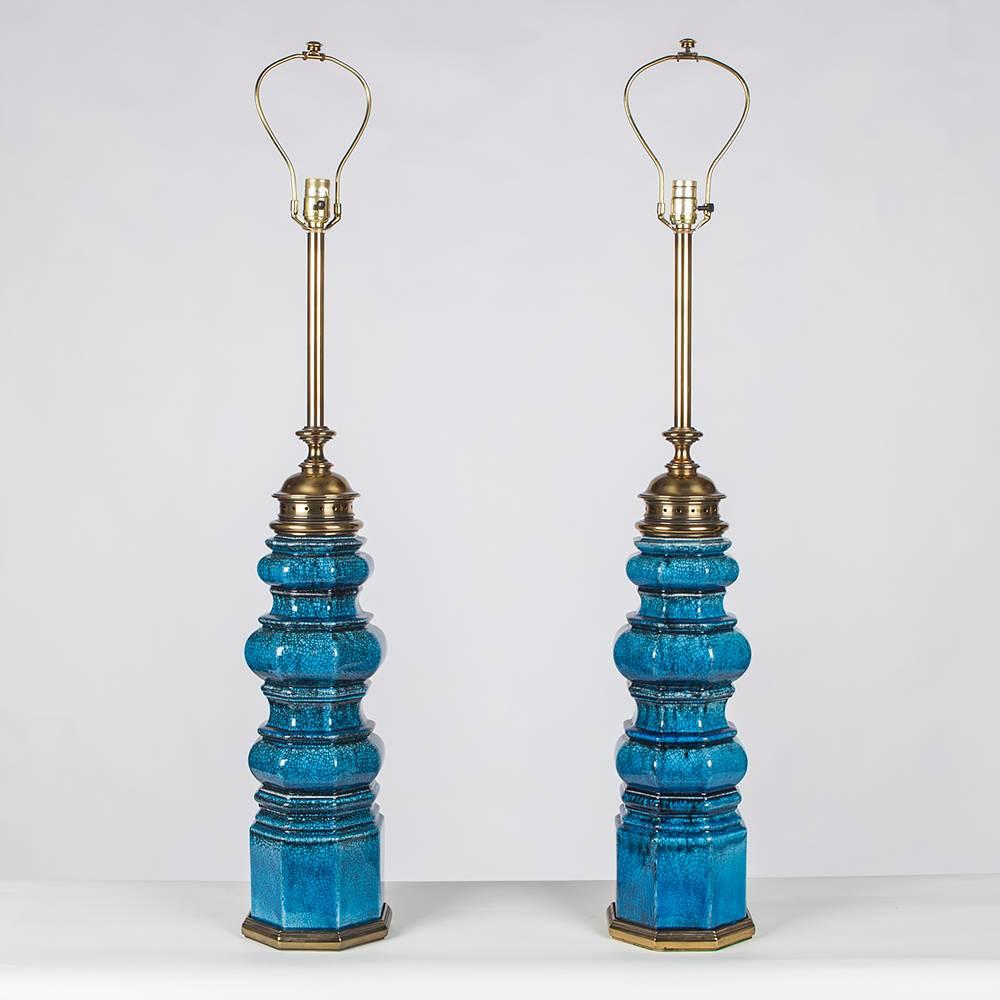 Mid-Century Modern Pair of Monumental Ceramic and Brass Lamps by Stiffel