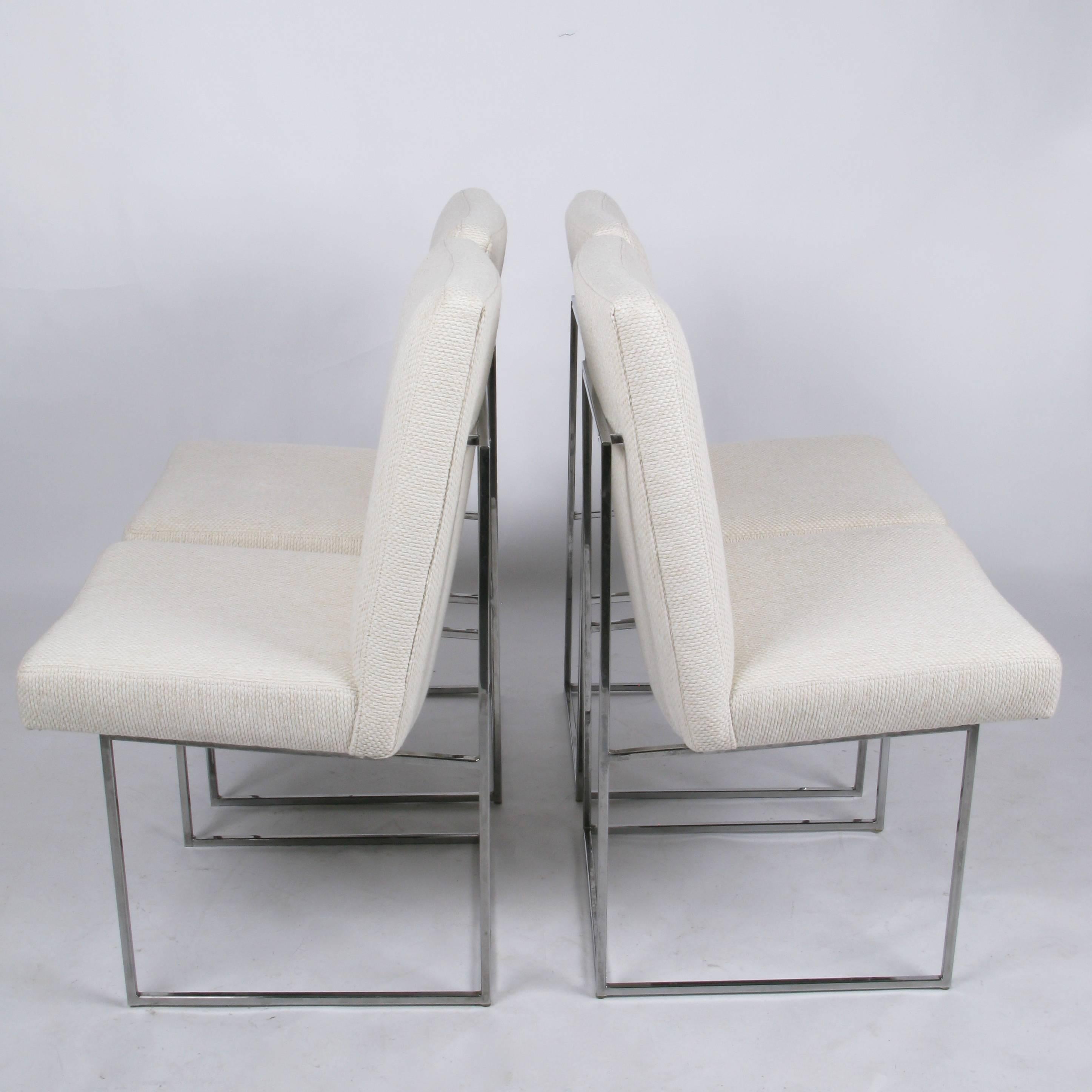 Elegant set of six, two-arm and four side, chairs with chrome frame and new thick weave warm white upholstery designed by Milo Baughman for Thayer Coggin, circa 1969. Simple, clean lined designed would work beautifully with many table styles.