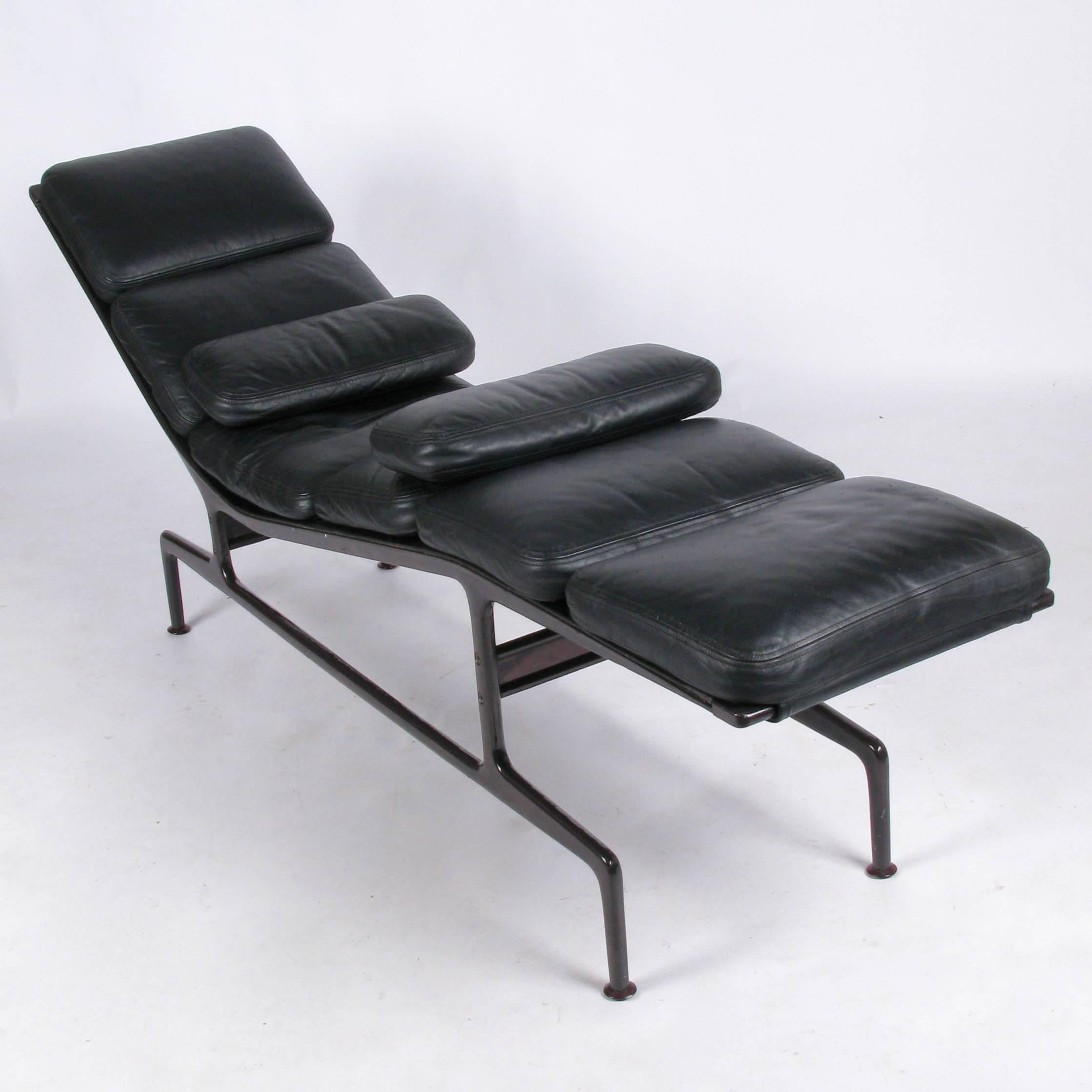 1980s example of the classic Eames chaise by Herman Miller. Beautifully, perfectly worn black leather over the 