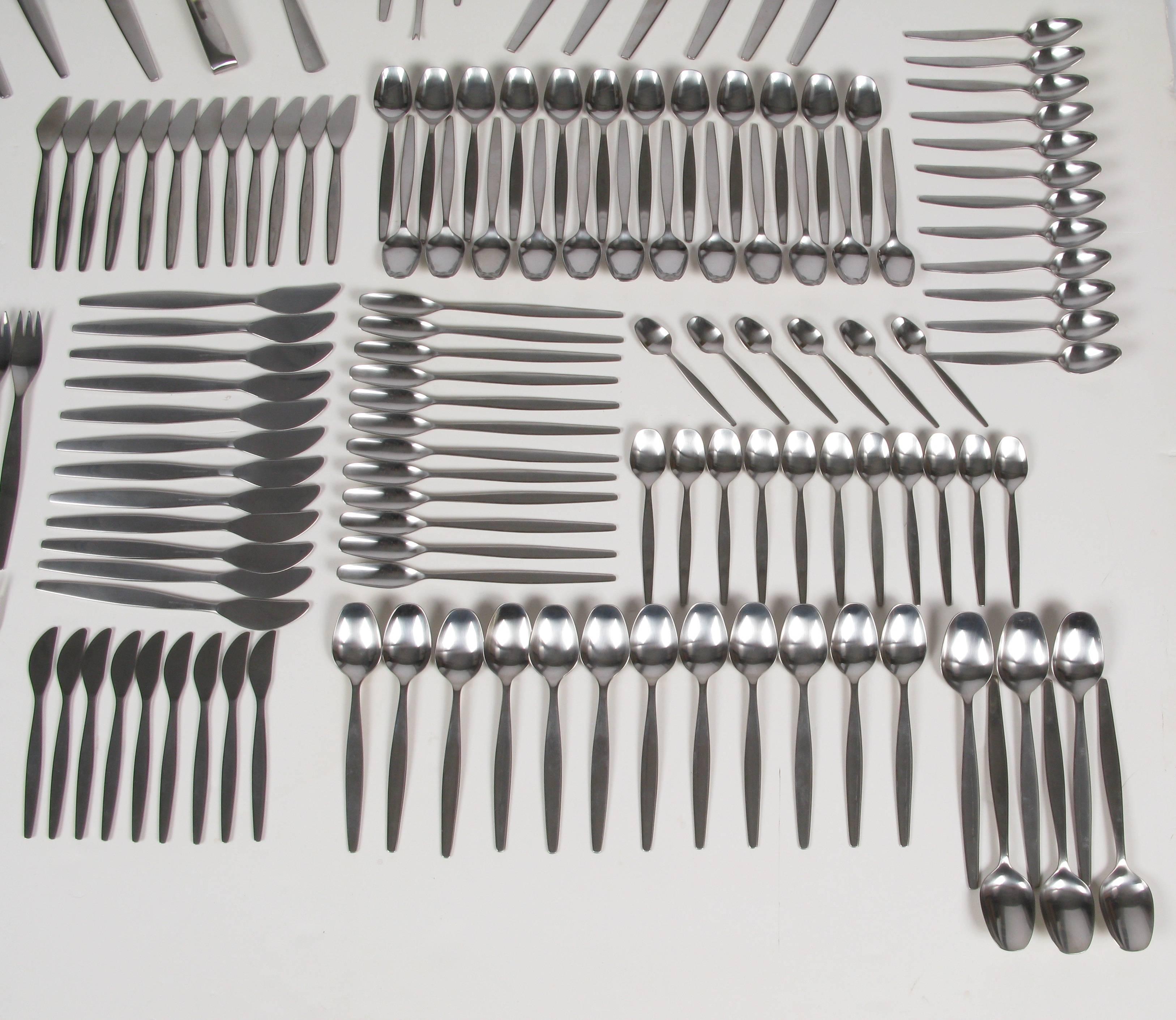 1960s monumental 166 piece stainless flatware set from Sweden by Gense. Most in unused condition. Includes two flatware chests.