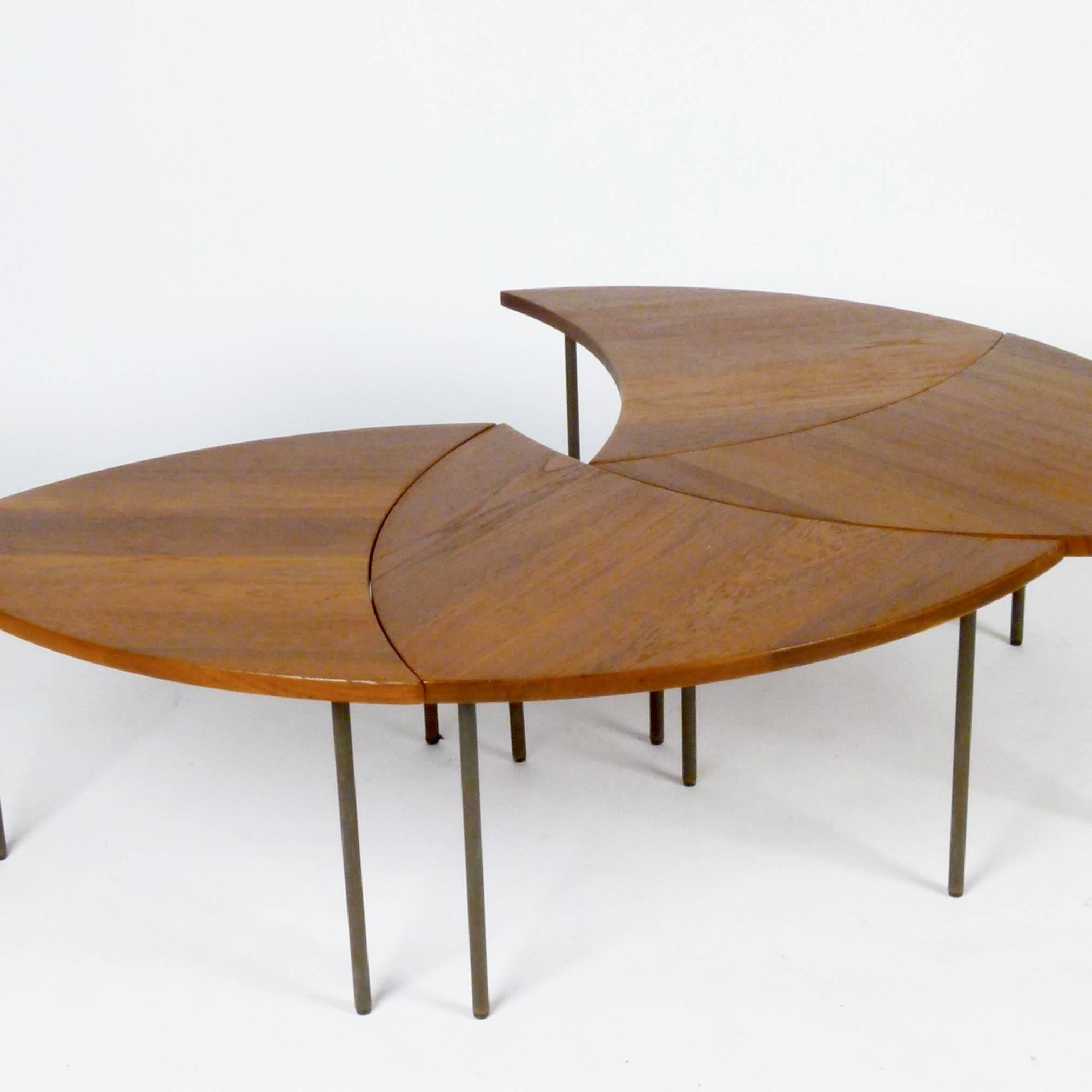 Set of four very early examples of this scarce table designed by Peter Hvidt & Orla Molgaard Neilsen for France & Daverkosen, Denmark, circa 1954. They can fit together to make a coffee table or be used independently as side tables. Simple,