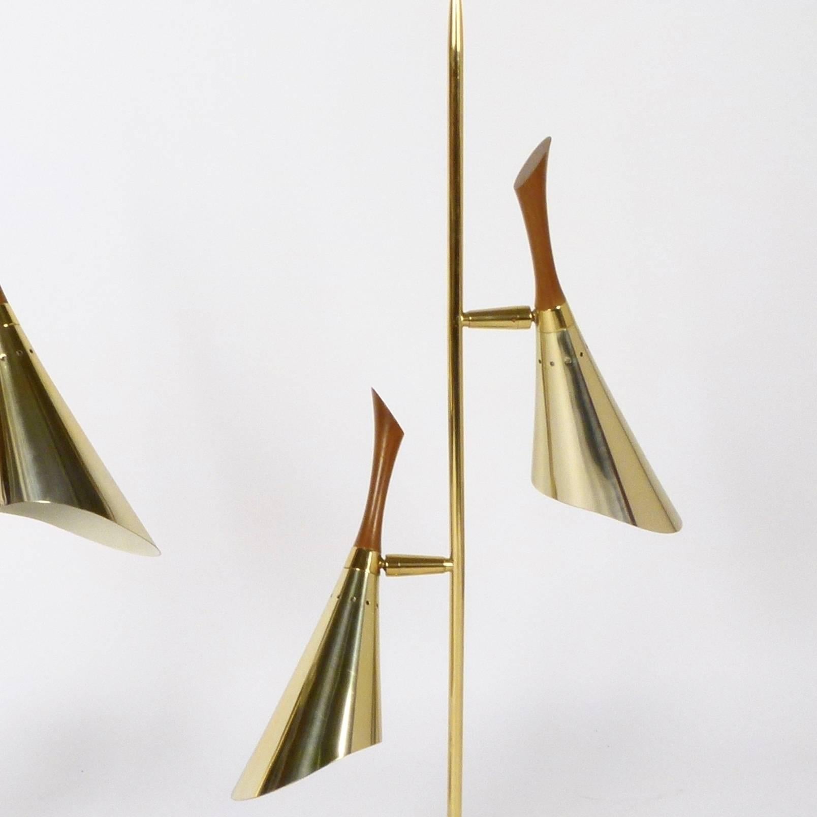 Pair of circa 1960 adjustable shade lamps in brass and walnut by Laurel Lamp Co.