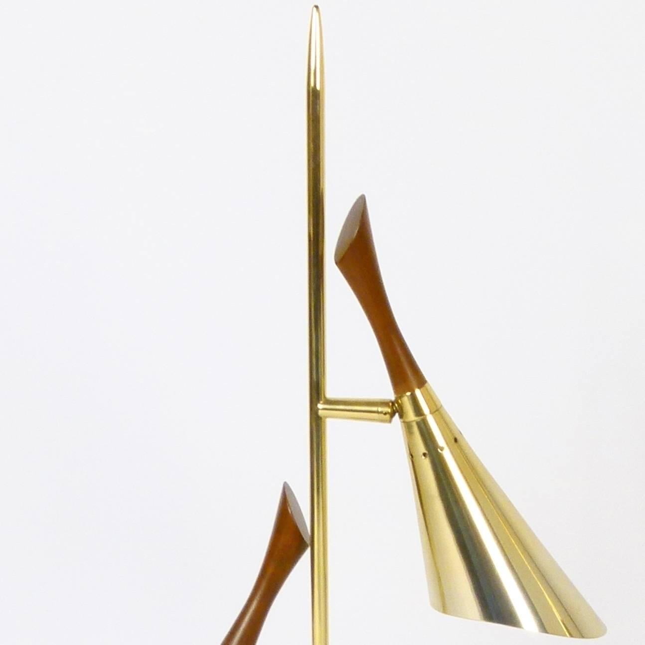 Mid-Century Modern Pair of Brass and Walnut Two Cone Lamps by Laurel Lamp Co.
