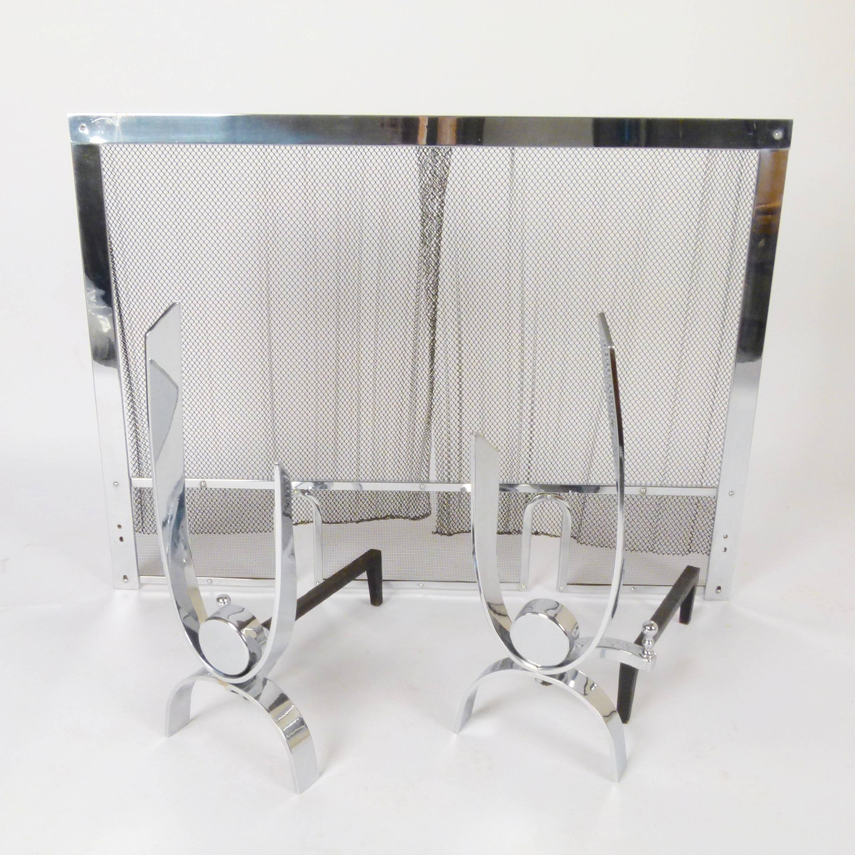 1960s Three-Piece Andirons and Fire Screen Set For Sale 2