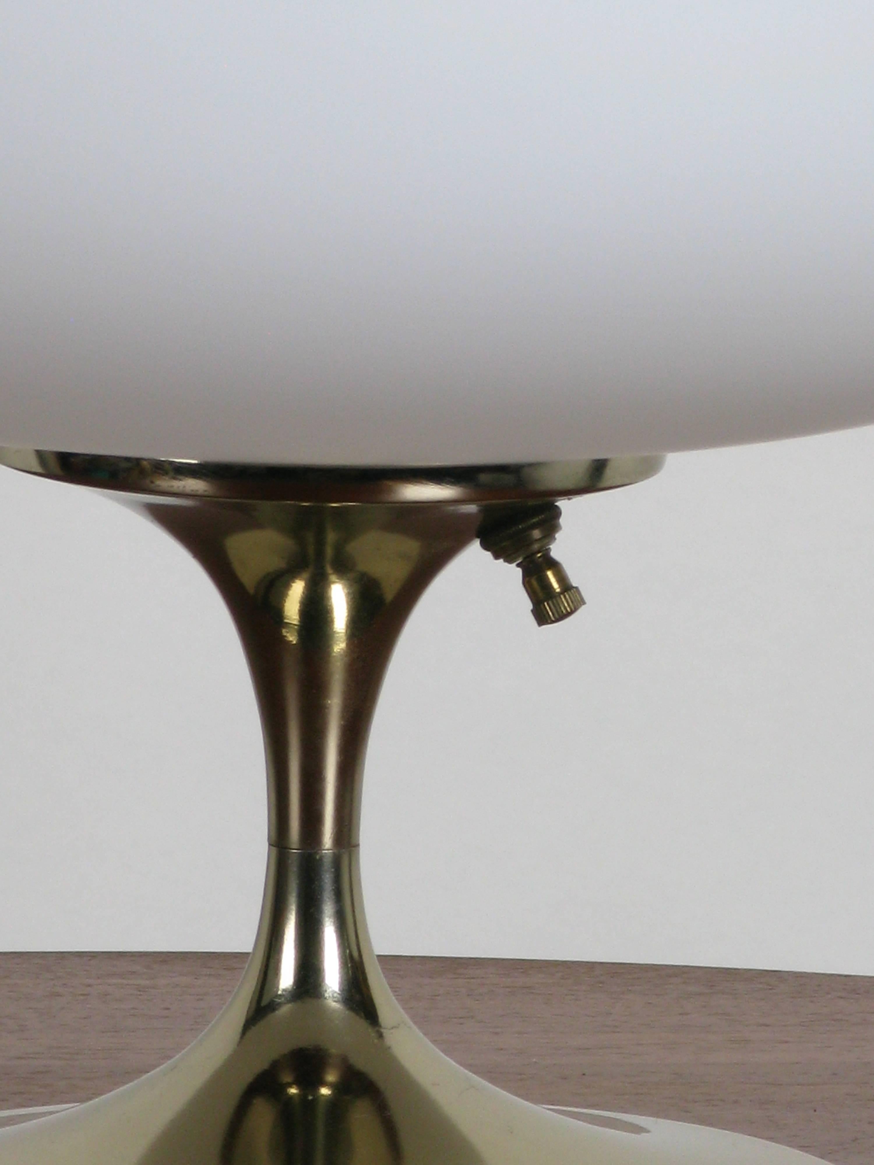 C.1970, brass base lamp with mushroom style, frosted glass shade, and 3-way switch by Laurel.  Retain original Laurel Lamp Company paper label.  