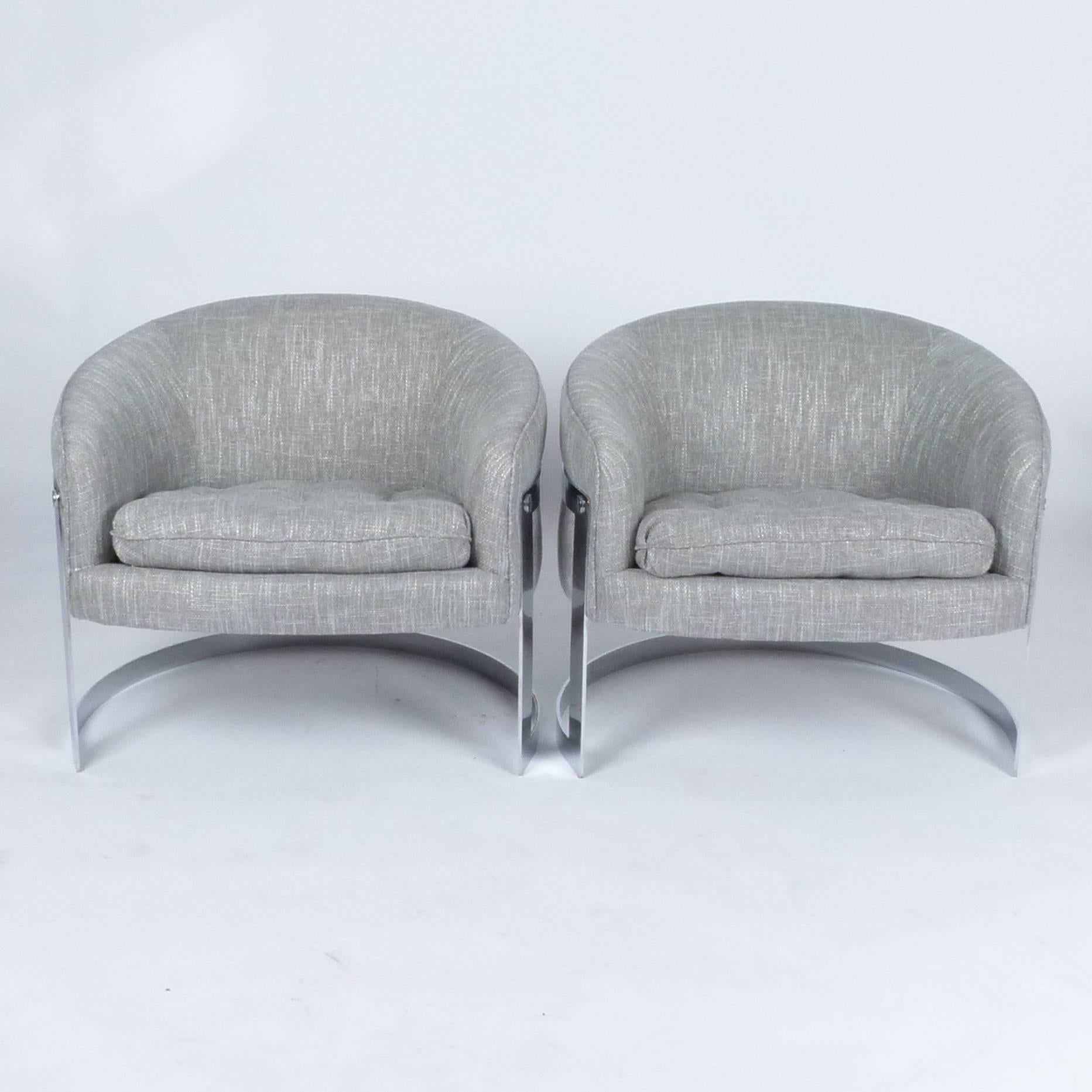 Pair of chrome frame barrel back lounge chairs by Milo Baughman for Thayer Coggin. Completely restored with new upholstery and in excellent condition.