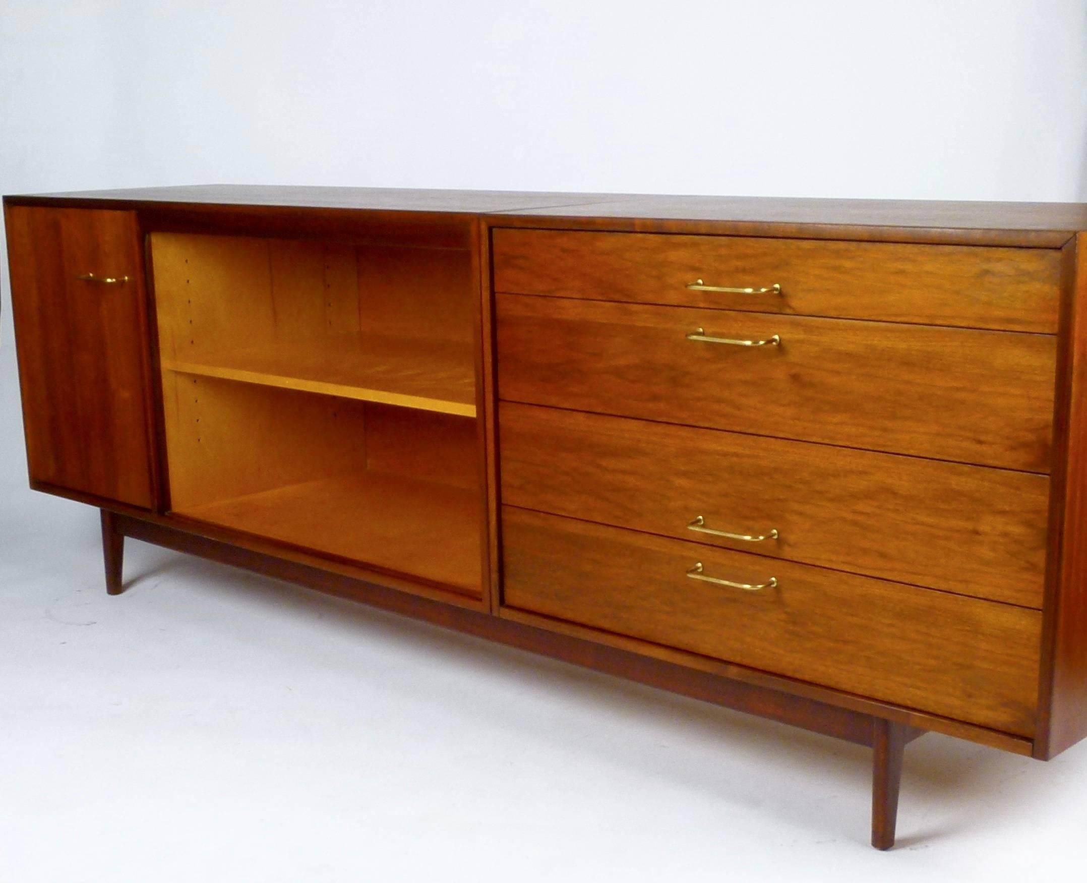 Jens Risom Design Oiled Walnut Credenza with Brass Pulls 3