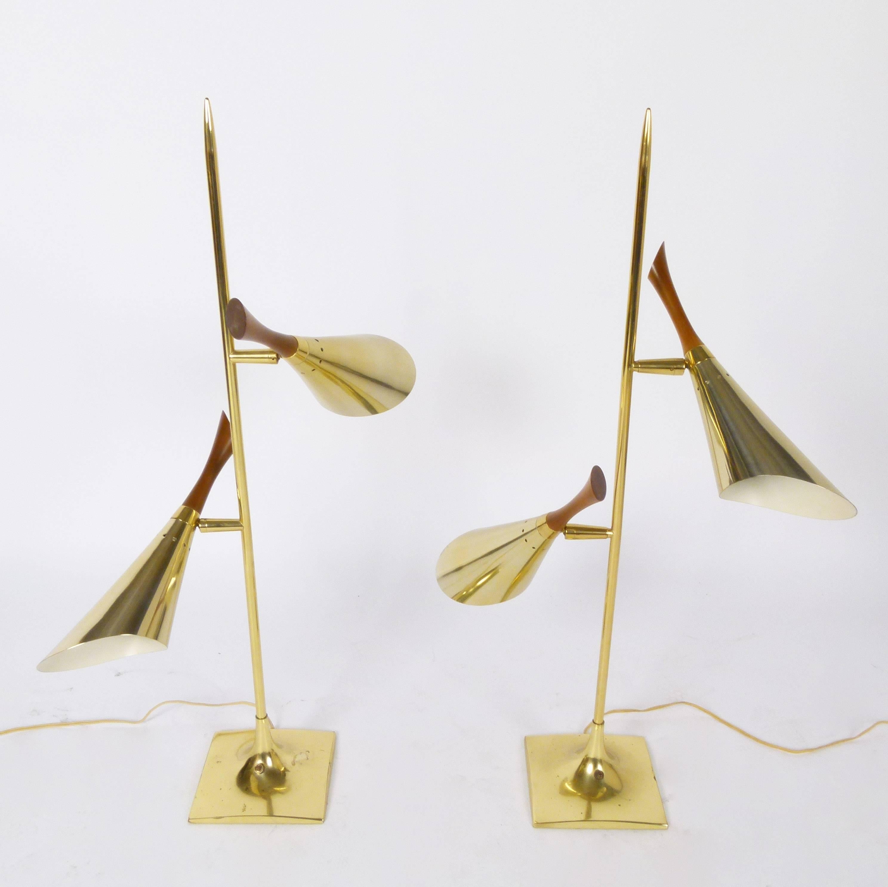 Pair of Brass and Walnut Two Cone Lamps by Laurel Lamp Co. In Excellent Condition In Atlanta, GA