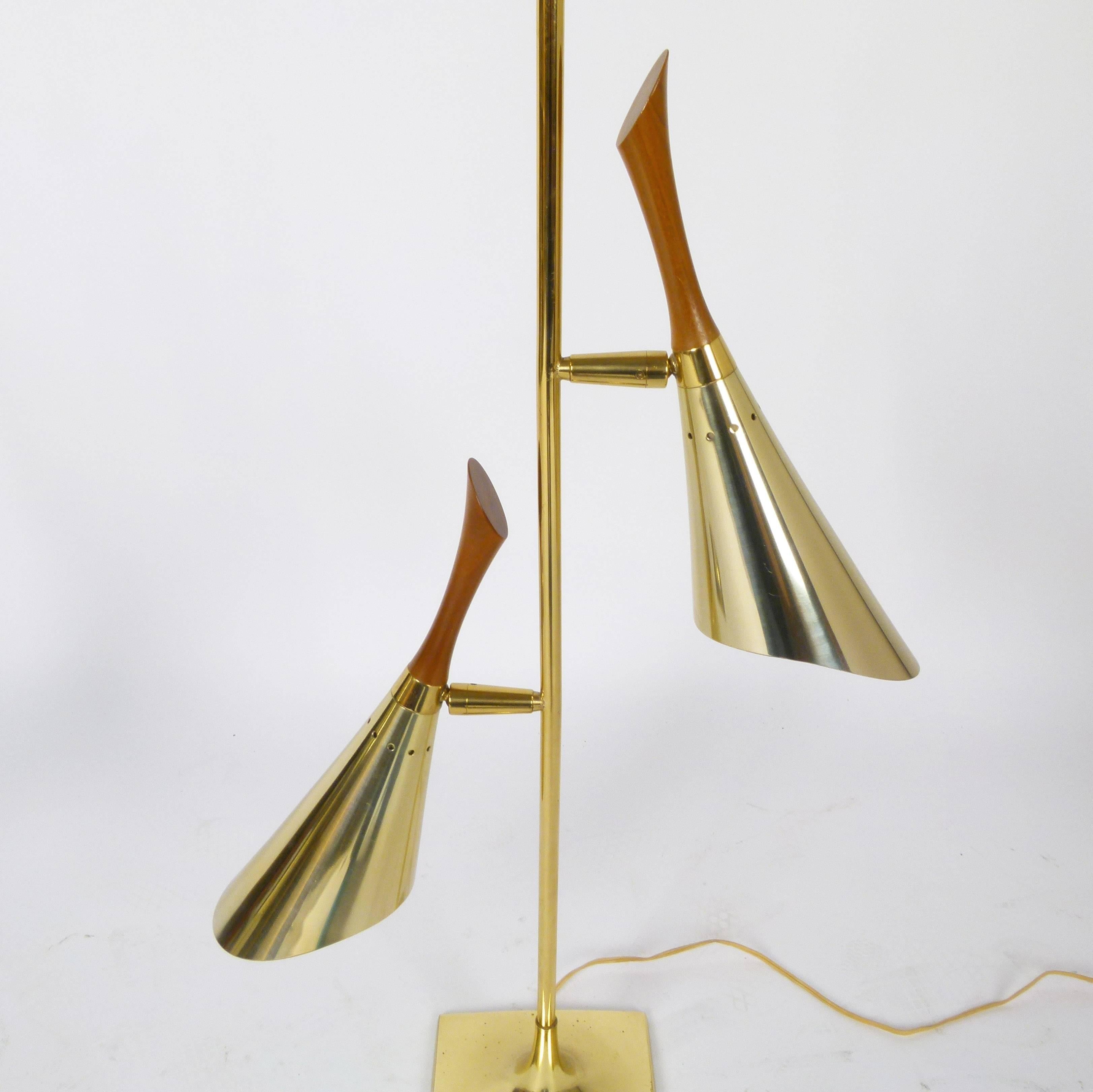 Mid-20th Century Pair of Brass and Walnut Two Cone Lamps by Laurel Lamp Co.