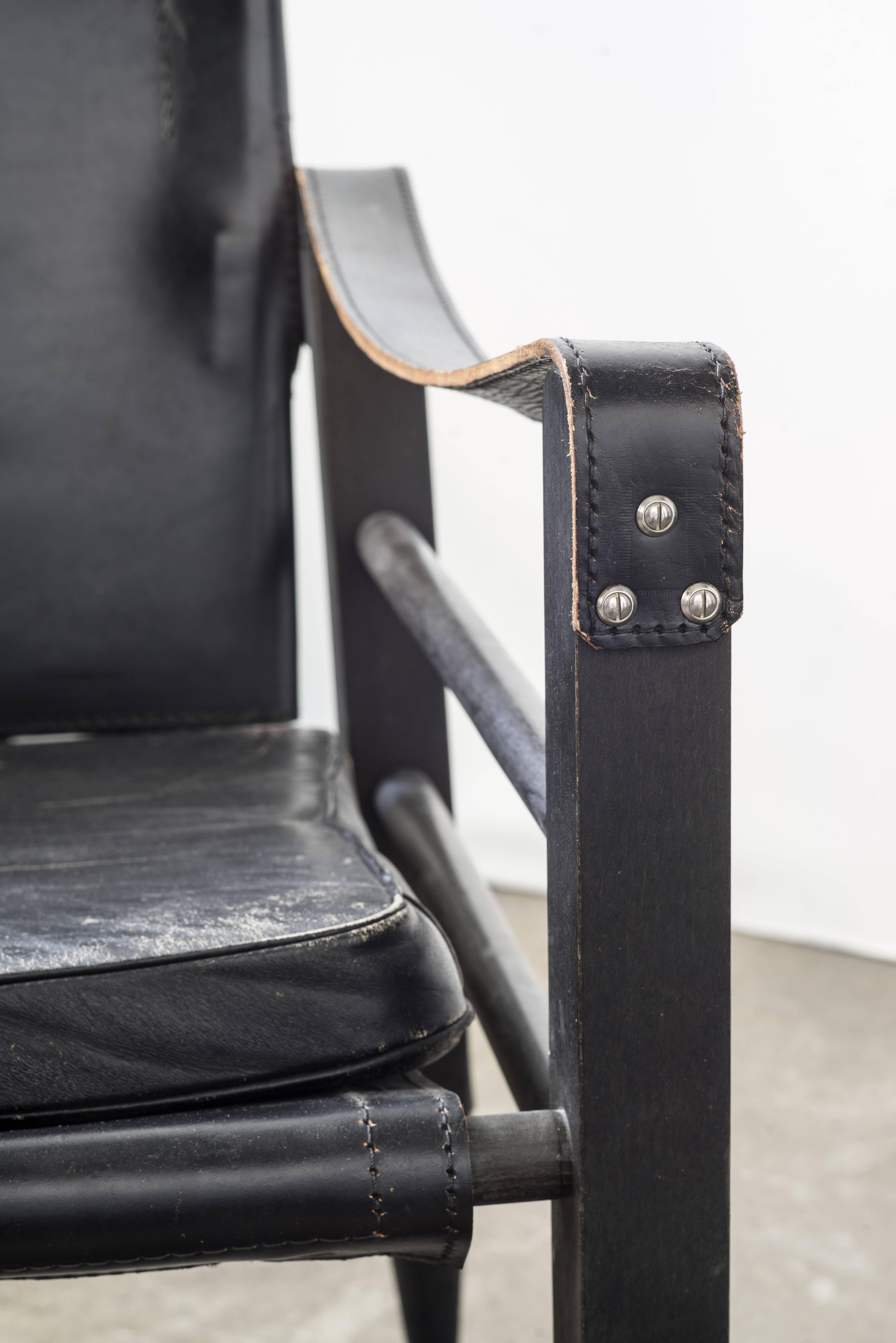 European Pair of Black Leather Safari Chairs