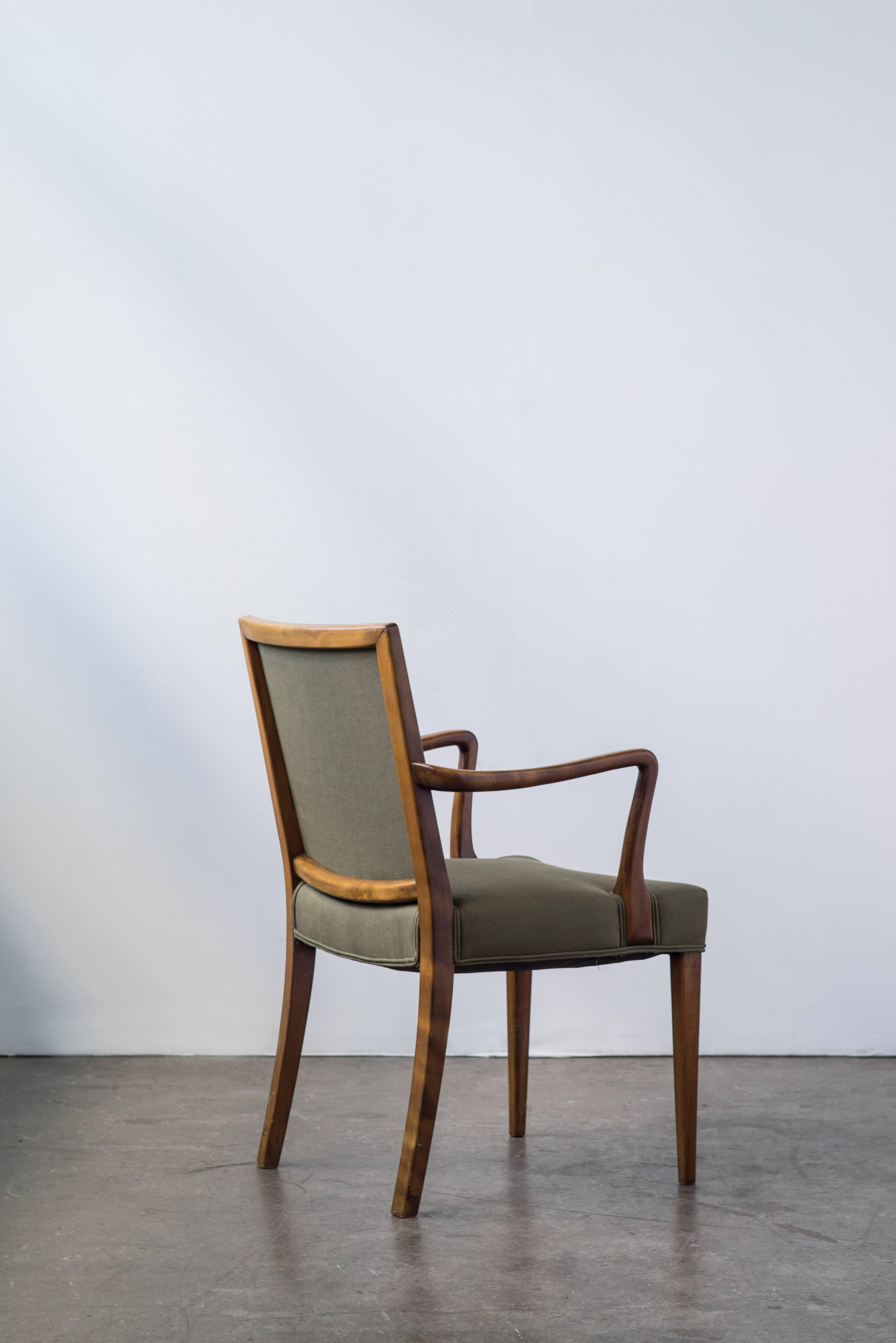 Set of 15 dining chairs by Lysberg, Hansen & Therp. Reupholstered in a beautiful olive linen from fortuyn. Stained beech wood is in excellent polished condition. 

Will consider splitting.