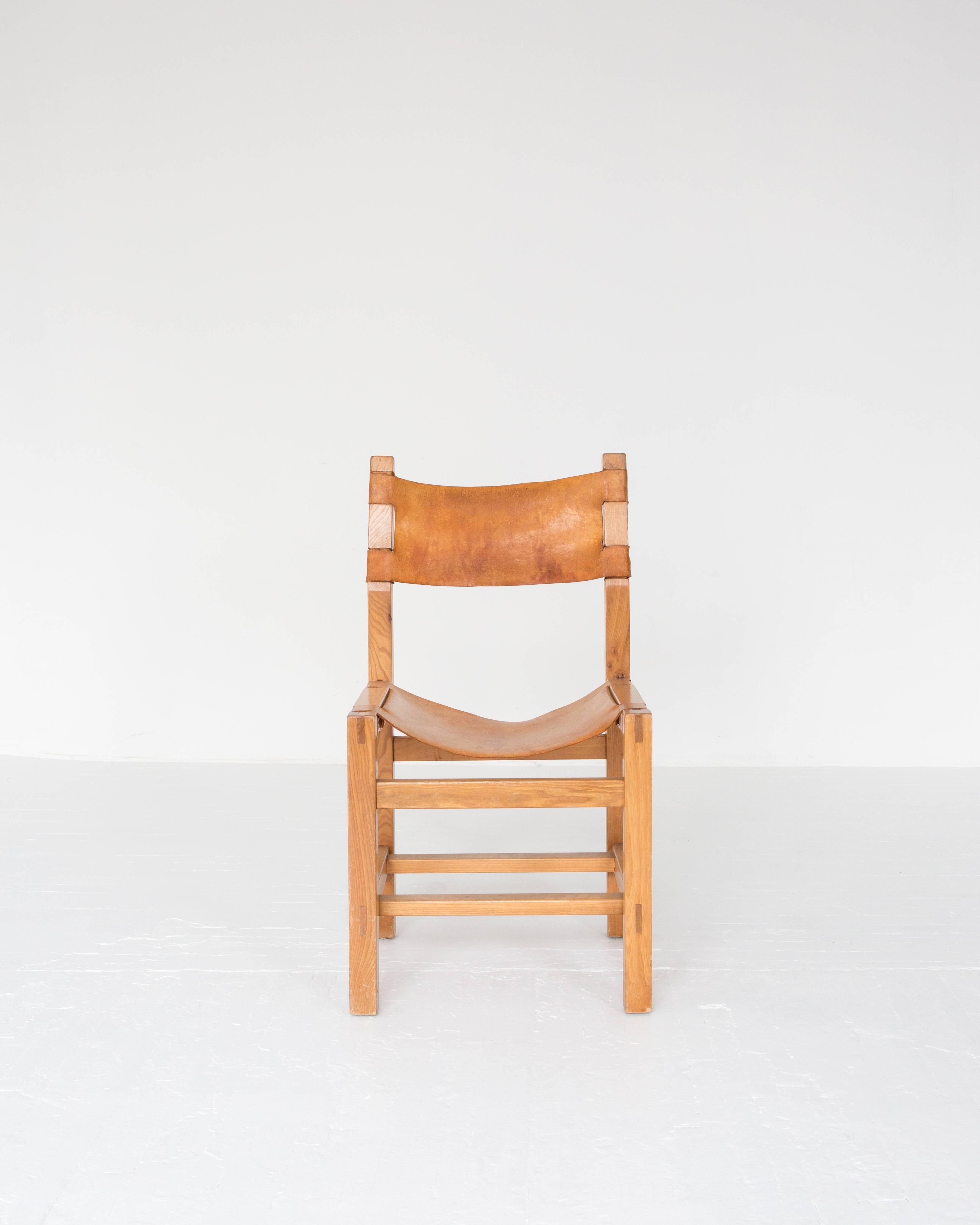 French Leather and Oak Side Chair in the Style of Pierre Chapo