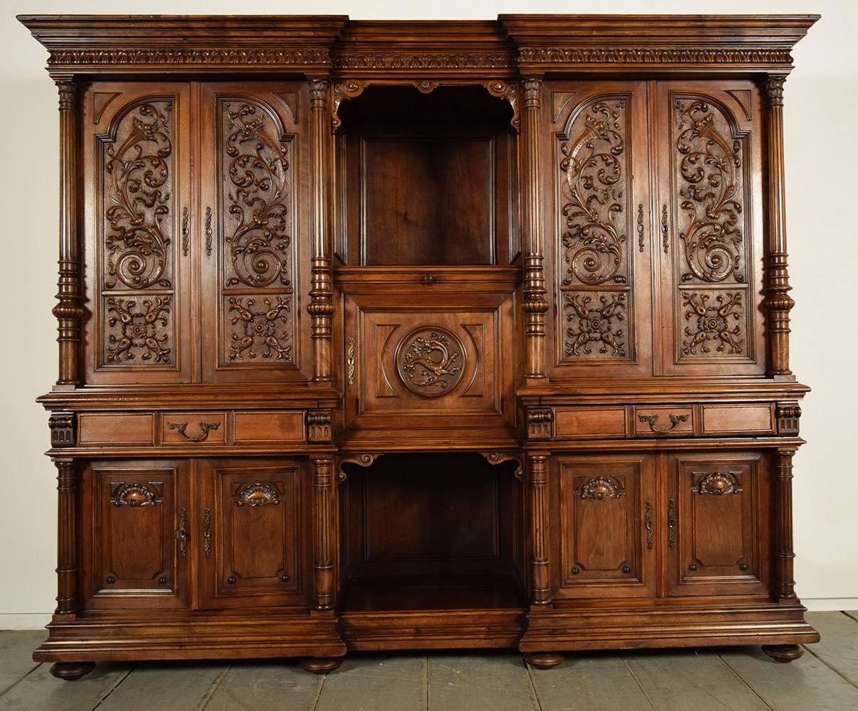 Grand 19th Century French Renaissance Heavily Carved Solid Walnut Cabinet  In Excellent Condition In Los Angeles, CA