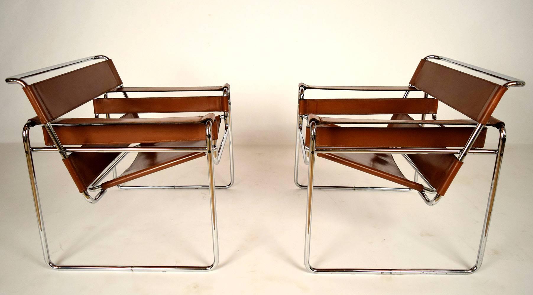European Pair of Chrome and Leather Wassily Chairs Design by Marcel Breuer