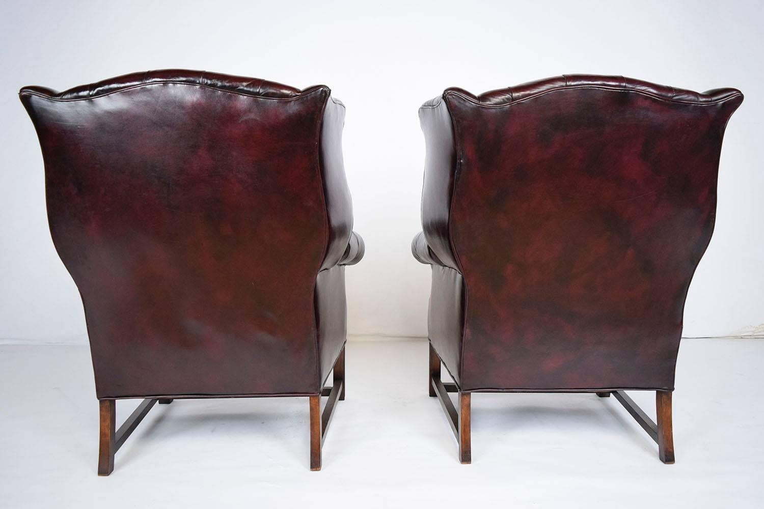 Dyed Pair of Chesterfield Tufted Leather Wingback Chairs