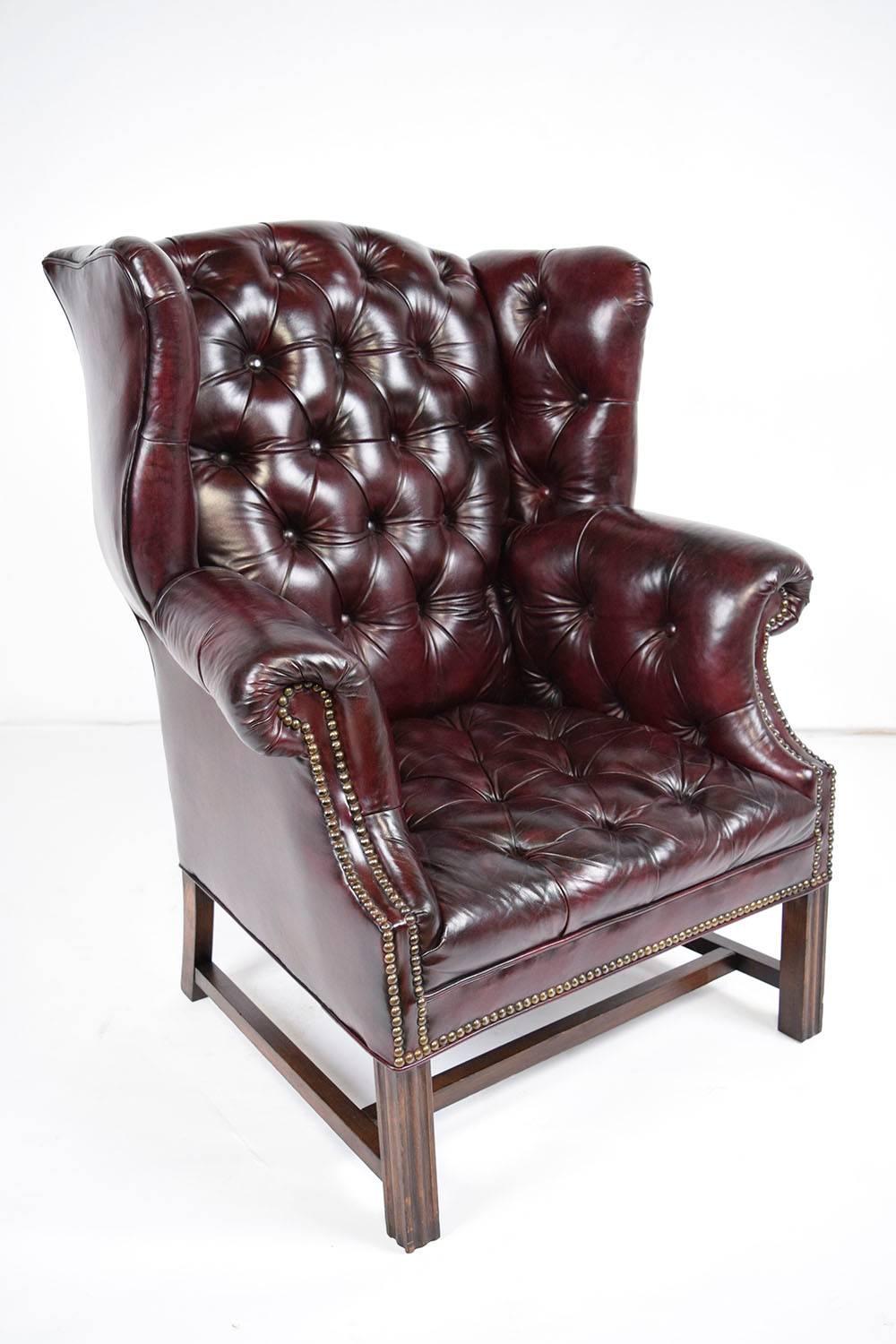 Pair of Chesterfield Tufted Leather Wingback Chairs In Excellent Condition In Los Angeles, CA