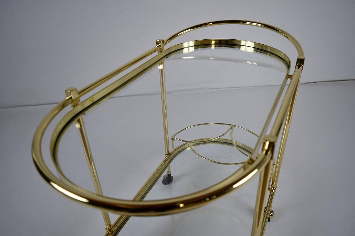 Oval Shaped Two-Tier Brass Italian Bar Cart In Excellent Condition In Los Angeles, CA