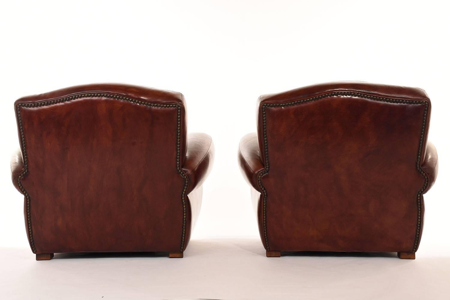 Carved Pair of Art Deco-Style Leather Club Chairs