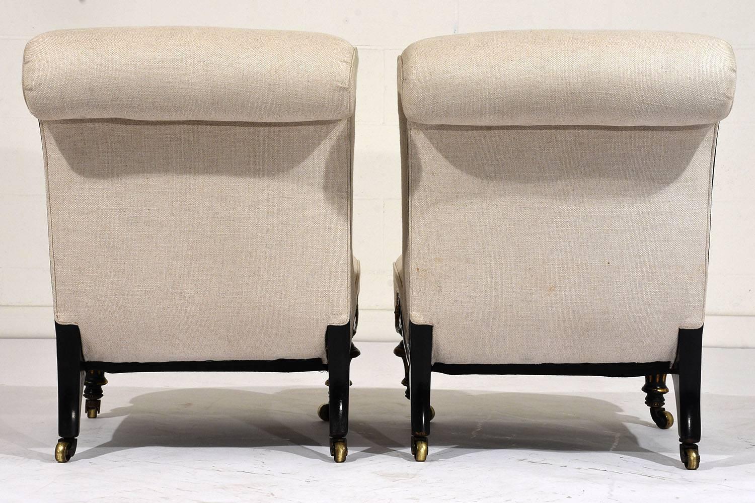 Pair of French Regency-Style Ebonized Slipper Chairs In Excellent Condition In Los Angeles, CA