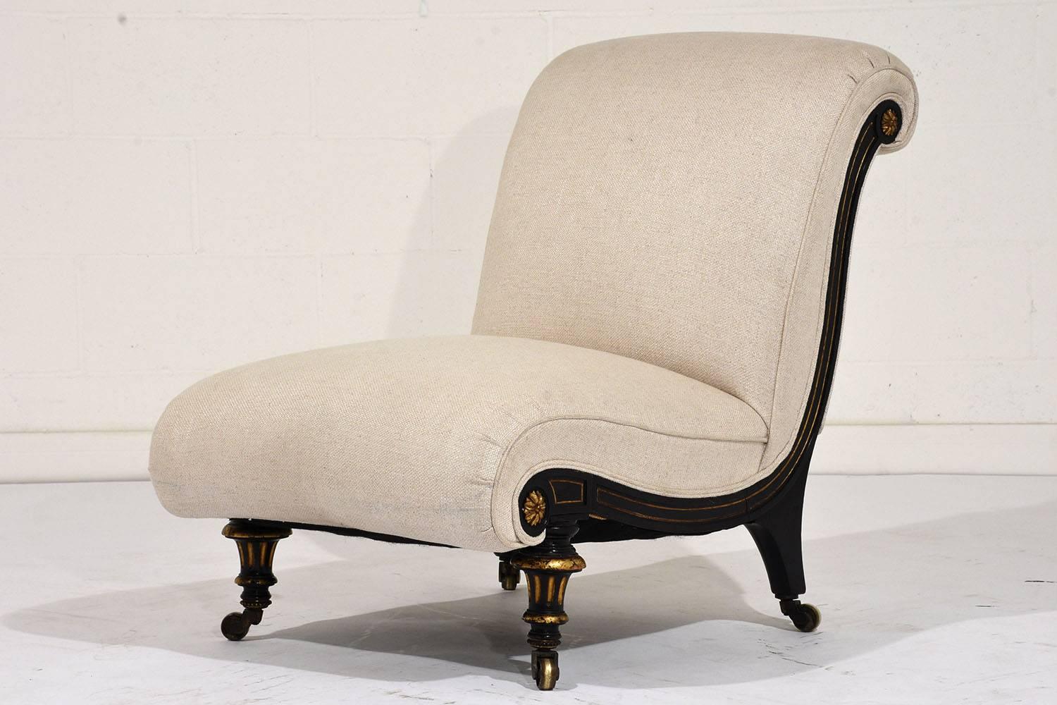 20th Century Pair of French Regency-Style Ebonized Slipper Chairs