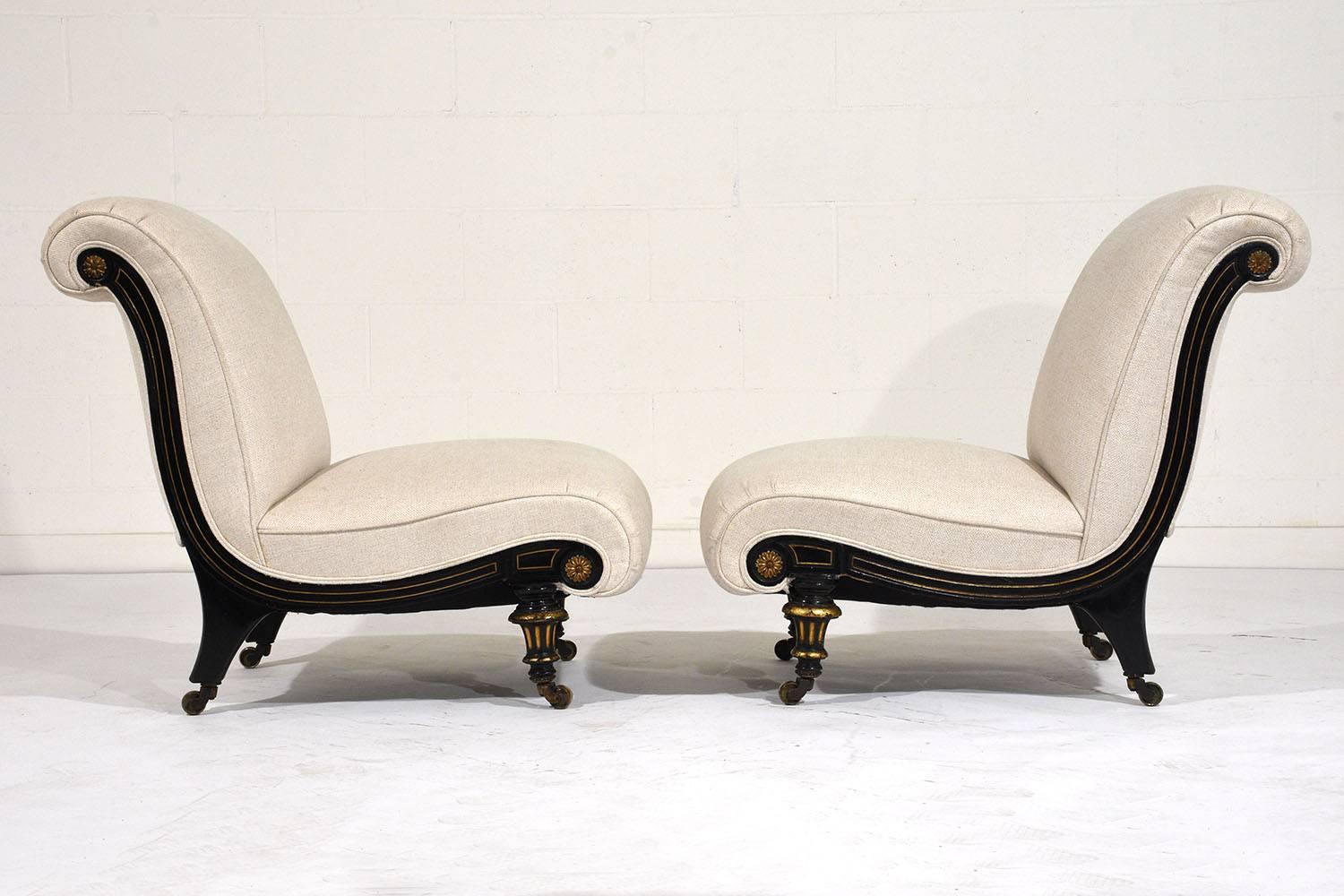 Carved Pair of French Regency-Style Ebonized Slipper Chairs