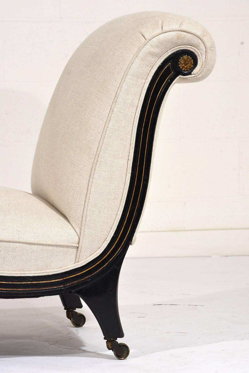 Fabric Pair of French Regency-Style Ebonized Slipper Chairs