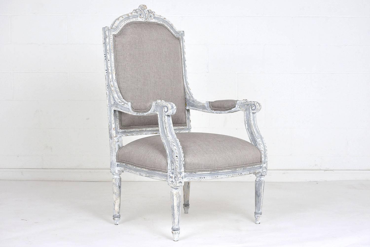 Linen Pair of Antique French Louis XVI-Style Armchairs