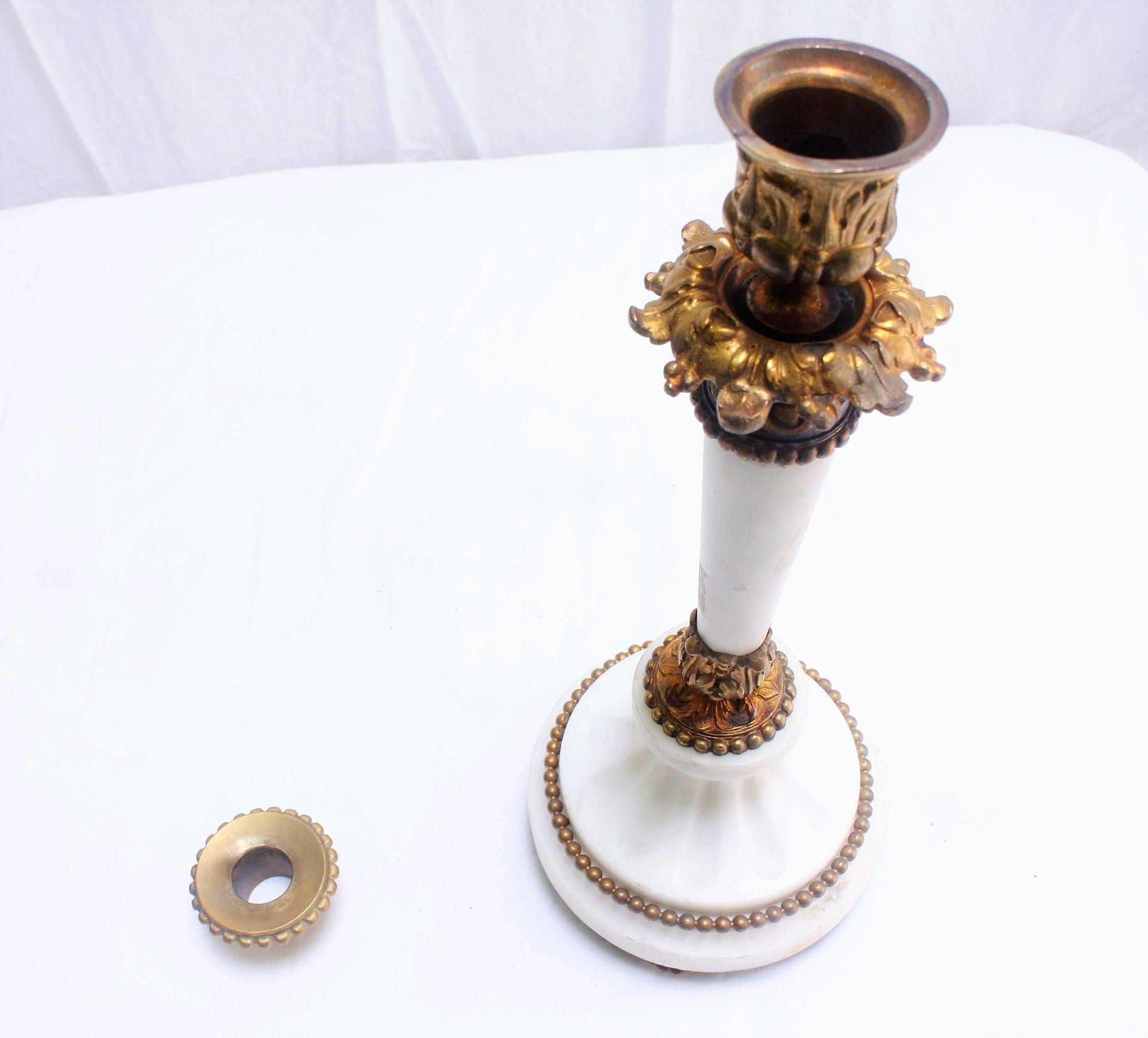 Carved Pair of Antique French Louis XVI-Style Gilded Marble Candlesticks