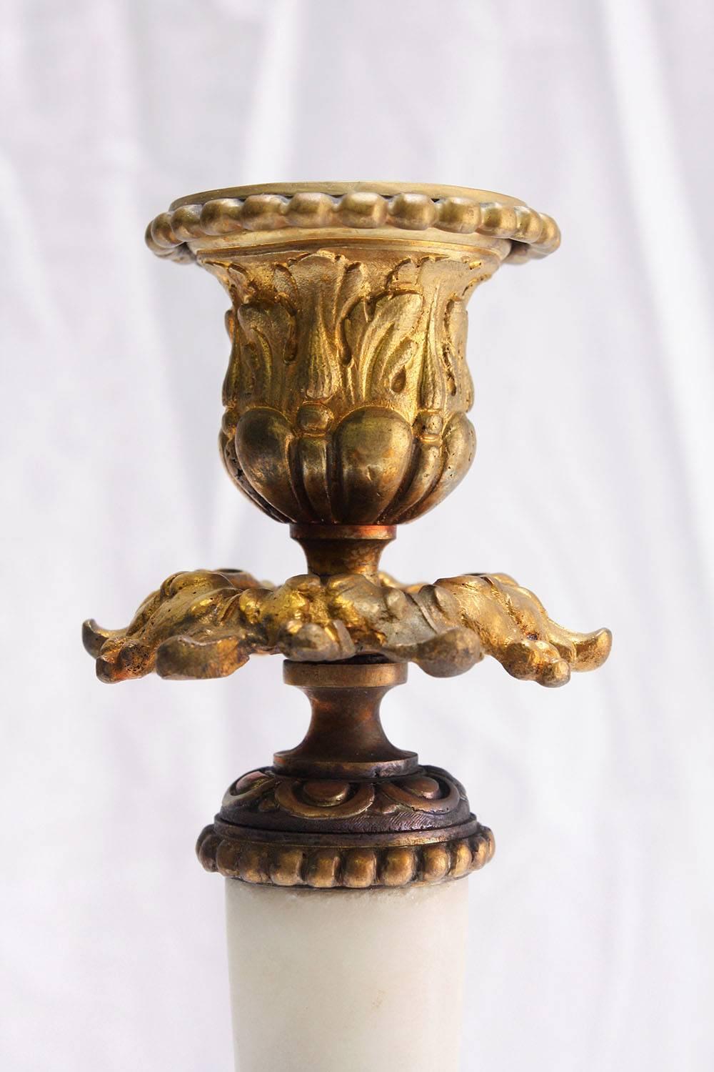 Pair of Antique French Louis XVI-Style Gilded Marble Candlesticks In Excellent Condition In Los Angeles, CA