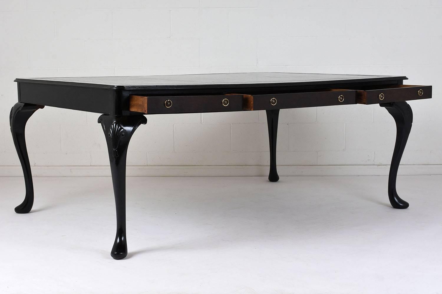Carved English Ebonized Partners Desk with Leather Top