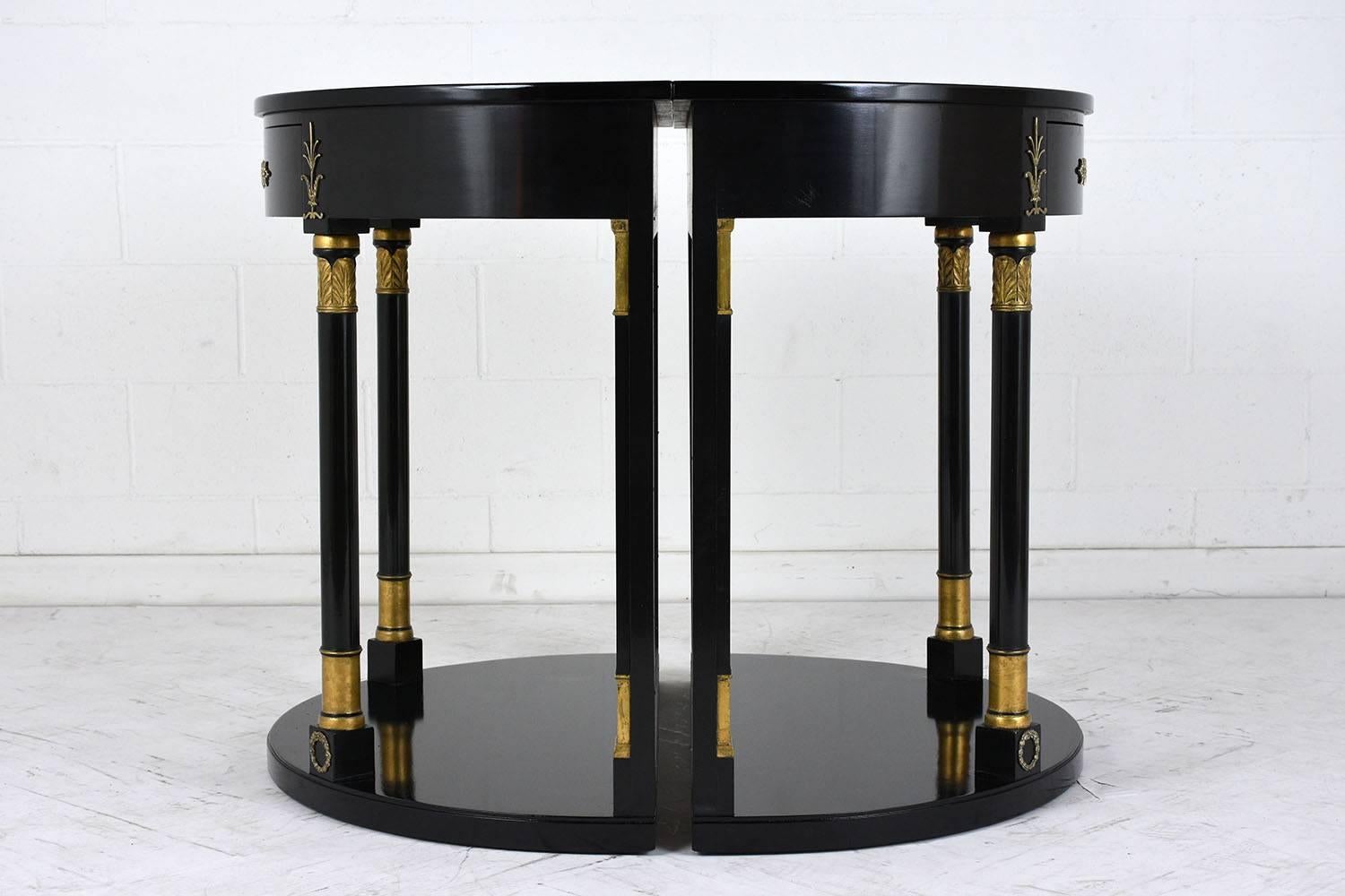 Brass Pair of Empire-Style Ebonized Demi-Lune Console Tables