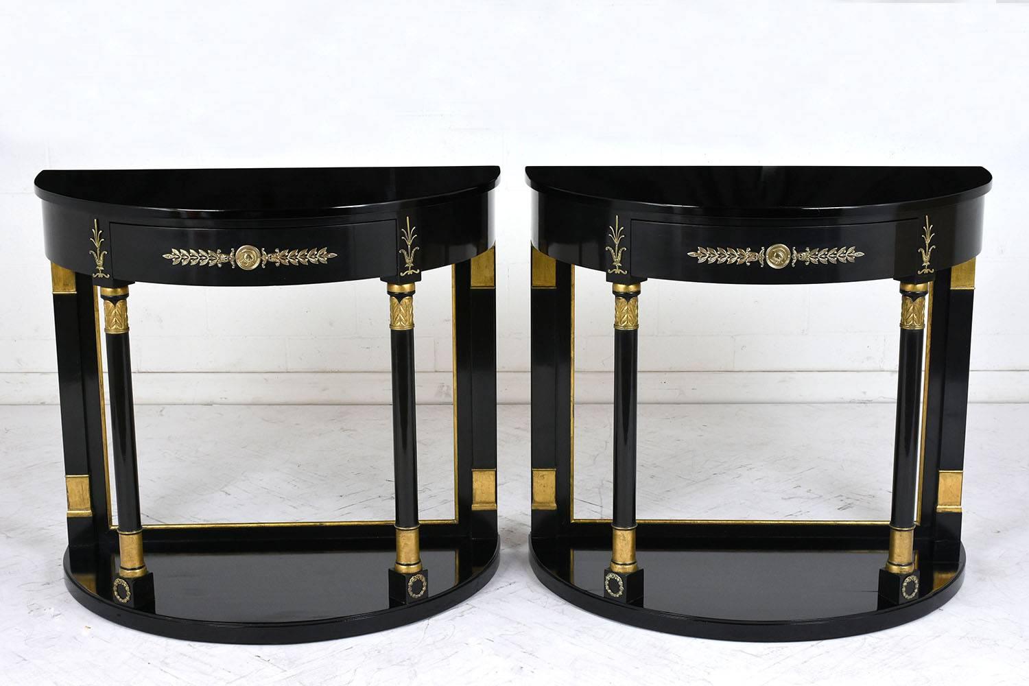 20th Century Pair of Empire-Style Ebonized Demi-Lune Console Tables