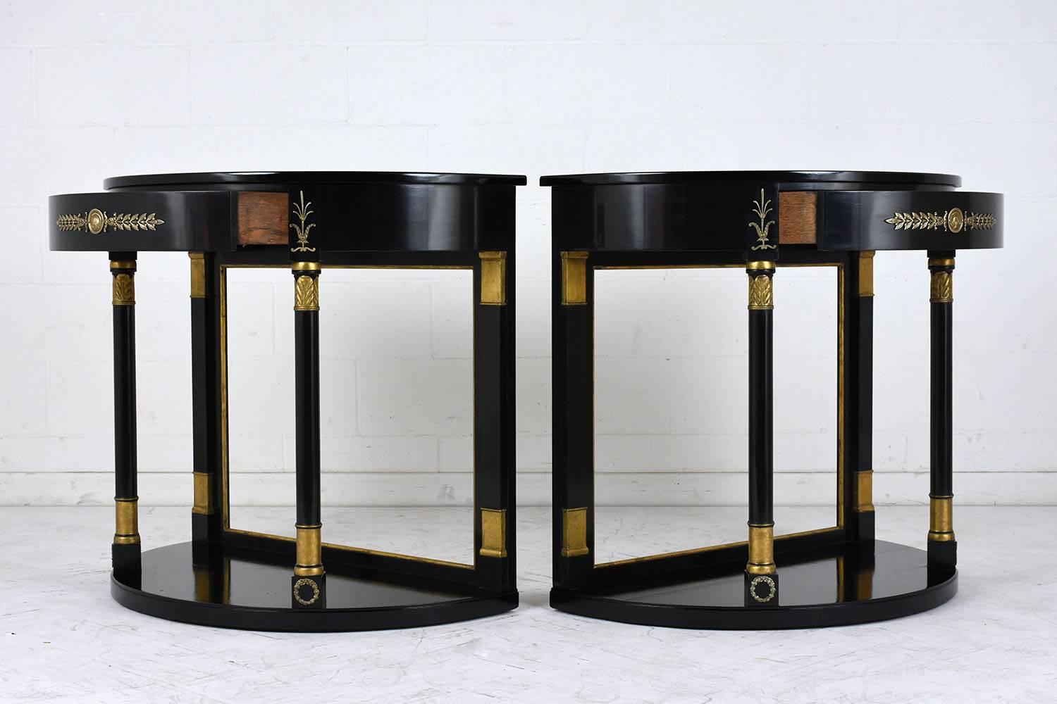 Pair of Empire-Style Ebonized Demi-Lune Console Tables In Excellent Condition In Los Angeles, CA