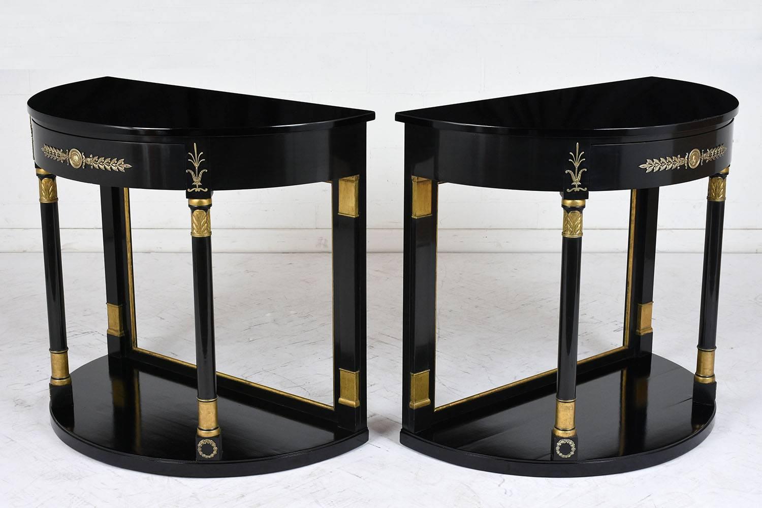 Carved Pair of Empire-Style Ebonized Demi-Lune Console Tables
