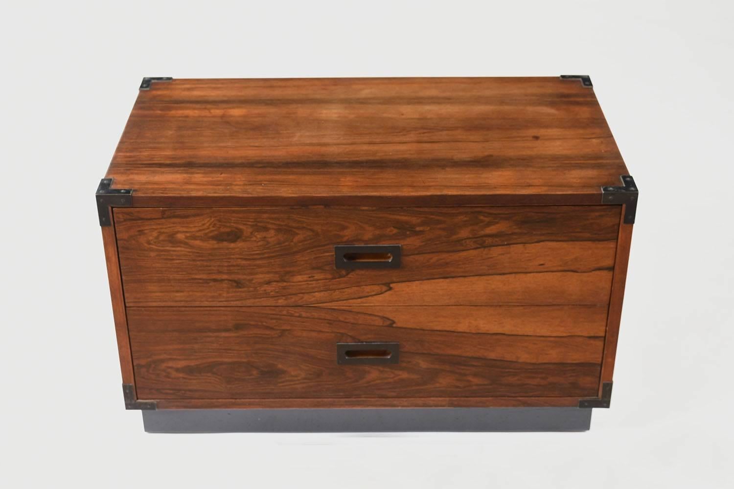 Metal Pair of Campaign-Style Rosewood Chest of Drawers