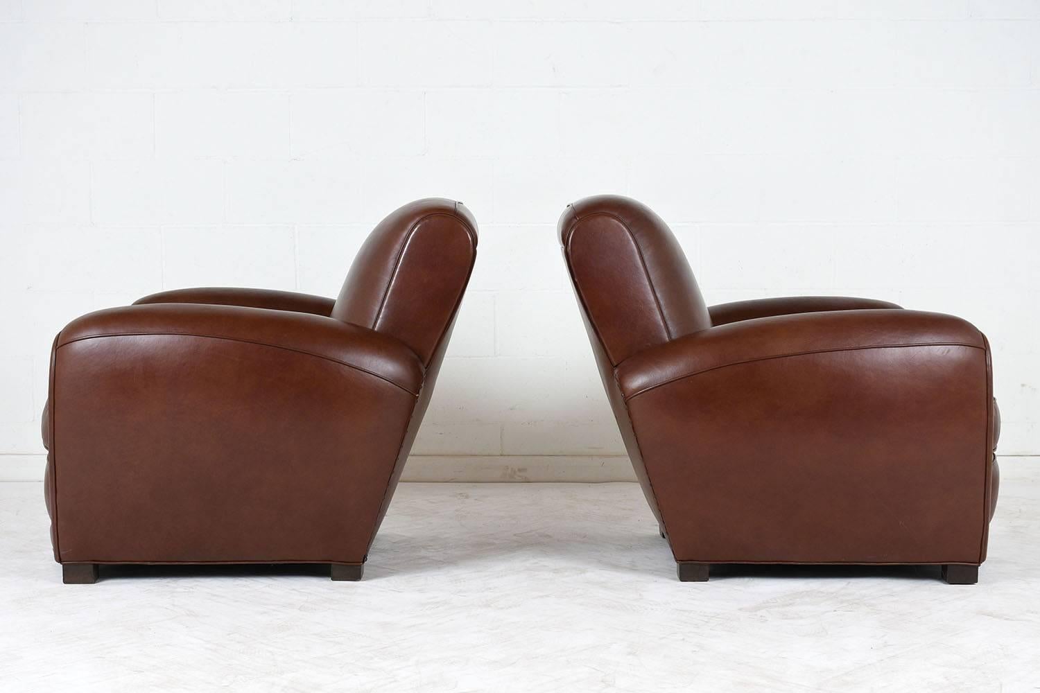 Patinated Pair of French Art Deco Leather Club Chairs