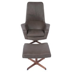 Restored Used Ib Kofod-Larsen Swivel Lounge Chair & Ottoman in Grey Leather