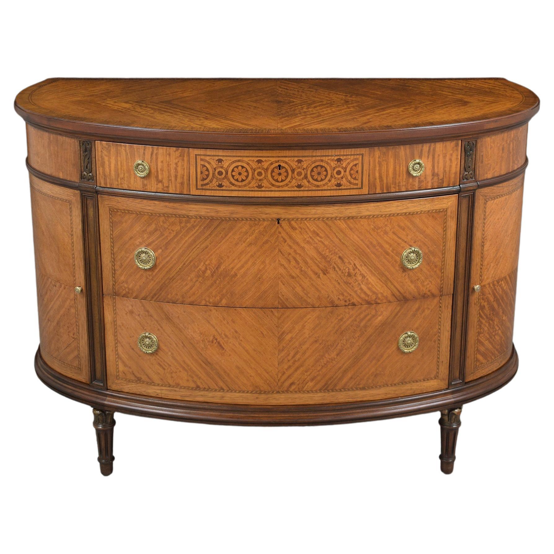 1940s Restored French Louis XVI Demilune Commode with Fruitwood Inlays & Molding