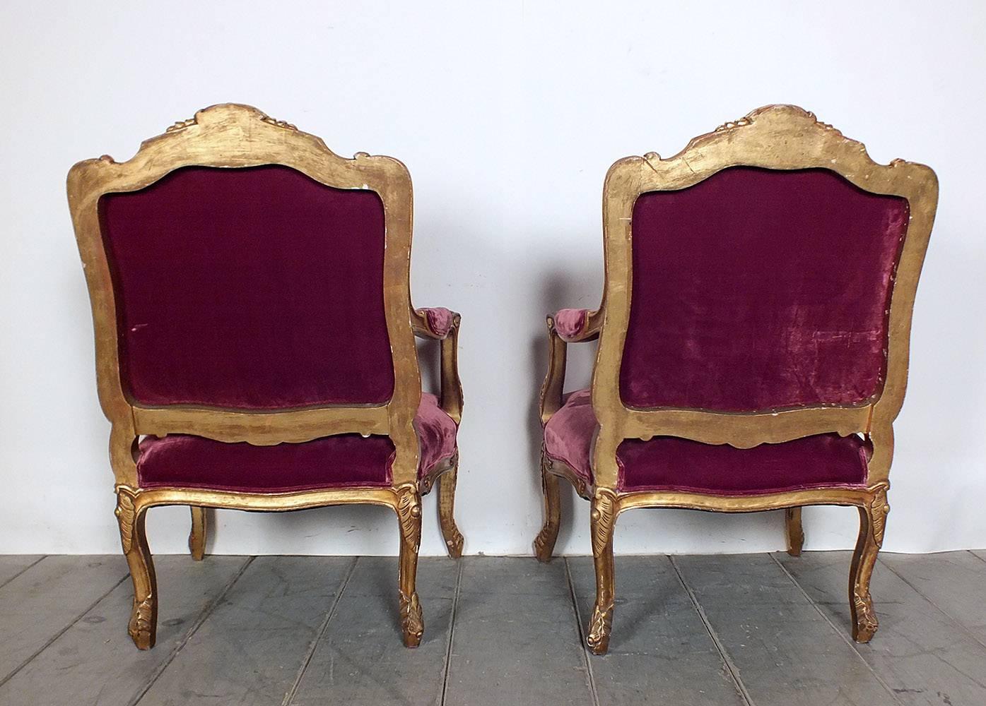 Pair of French Antique Giltwood Louis XV Bergeres 4