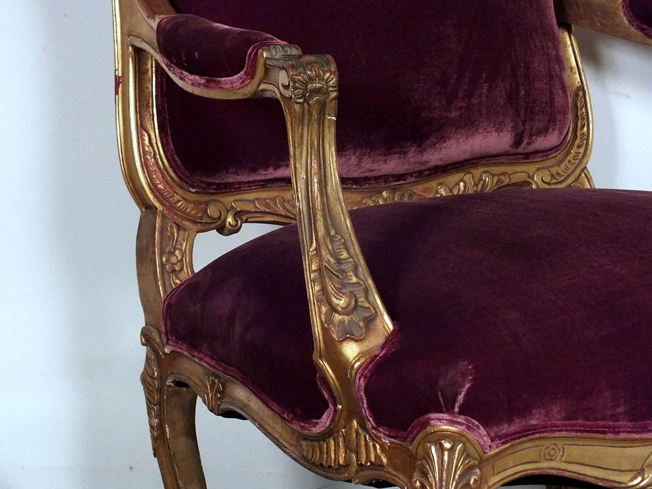 Velvet Pair of French Antique Giltwood Louis XV Bergeres