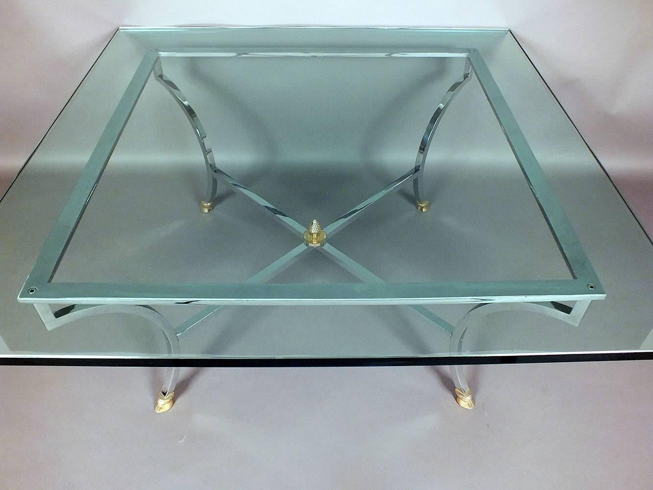 European Hollywood Regency Chrome and Glass Coffee Table 