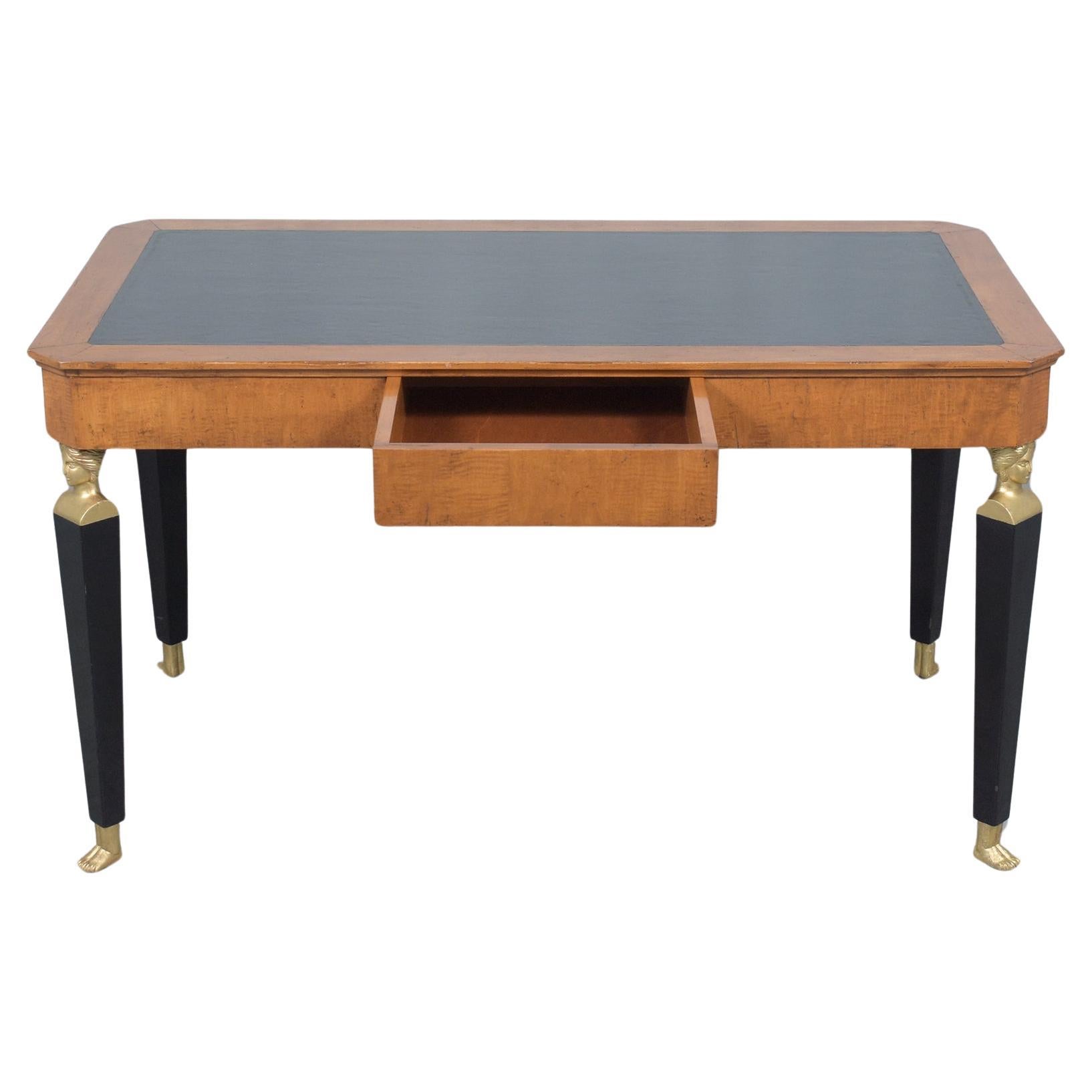 Vintage Empire Desk with Dark Green Leather and Light Walnut Finish For Sale