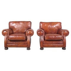 Restored Vintage Leather Armchairs in Cognac Brown with Carved Bun Legs