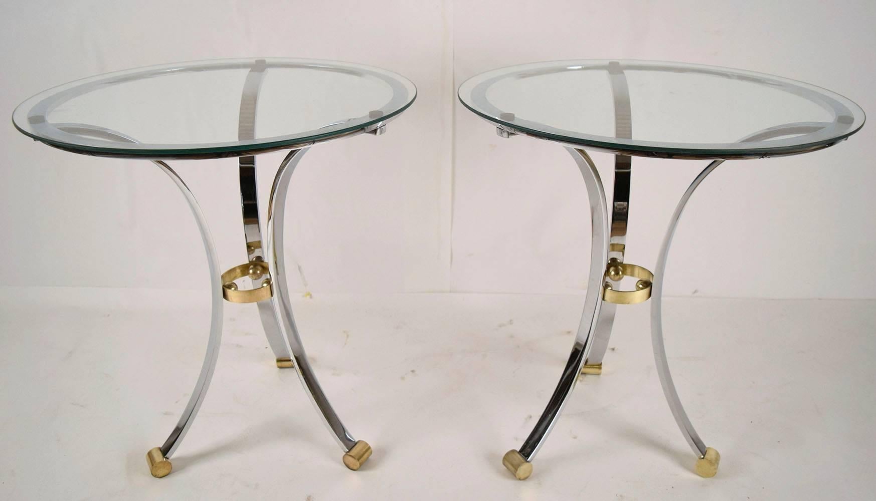 Mid-Century Modern Pair of Maison Jensen Round Chrome and Brass End Tables