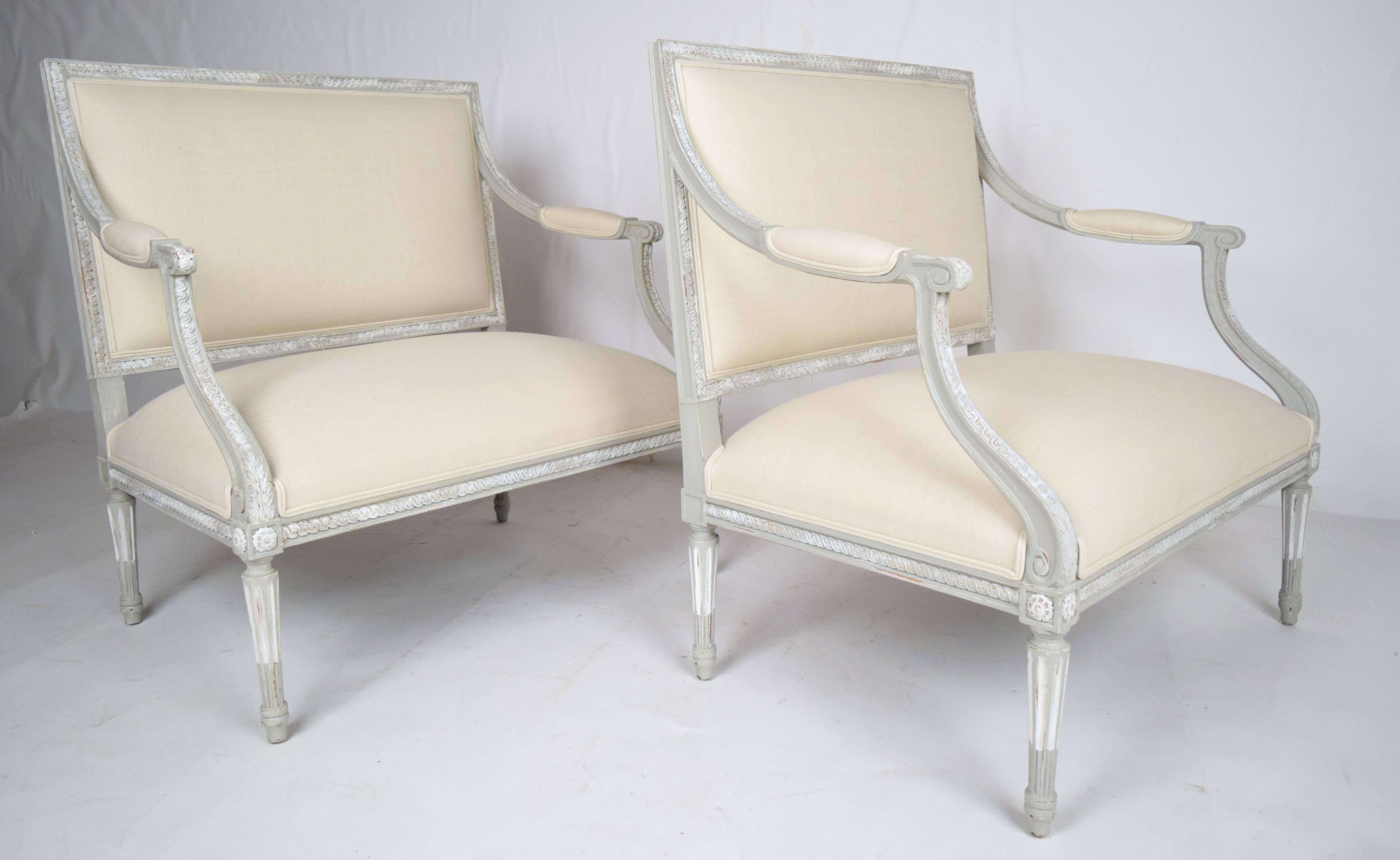 Pair of Antique French Louis XVI Wide Seat Arm Chairs 2