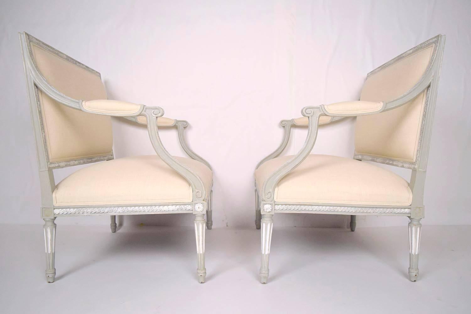 Pair of Antique French Louis XVI Wide Seat Arm Chairs 3