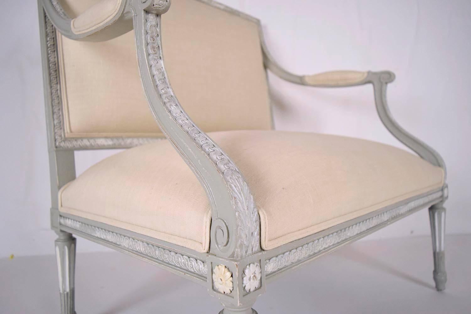 Pair of Antique French Louis XVI Wide Seat Arm Chairs In Excellent Condition In Los Angeles, CA